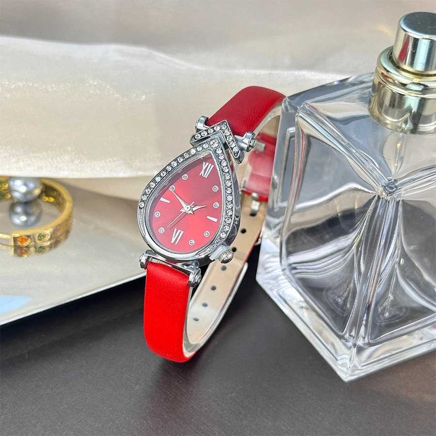 Ladies Waterdrop Shaped Alloy Watch Case Colorf aron Sweet Style PU Strap Fashionable Quartz Watch Elegant Diamond Inlay X250904
