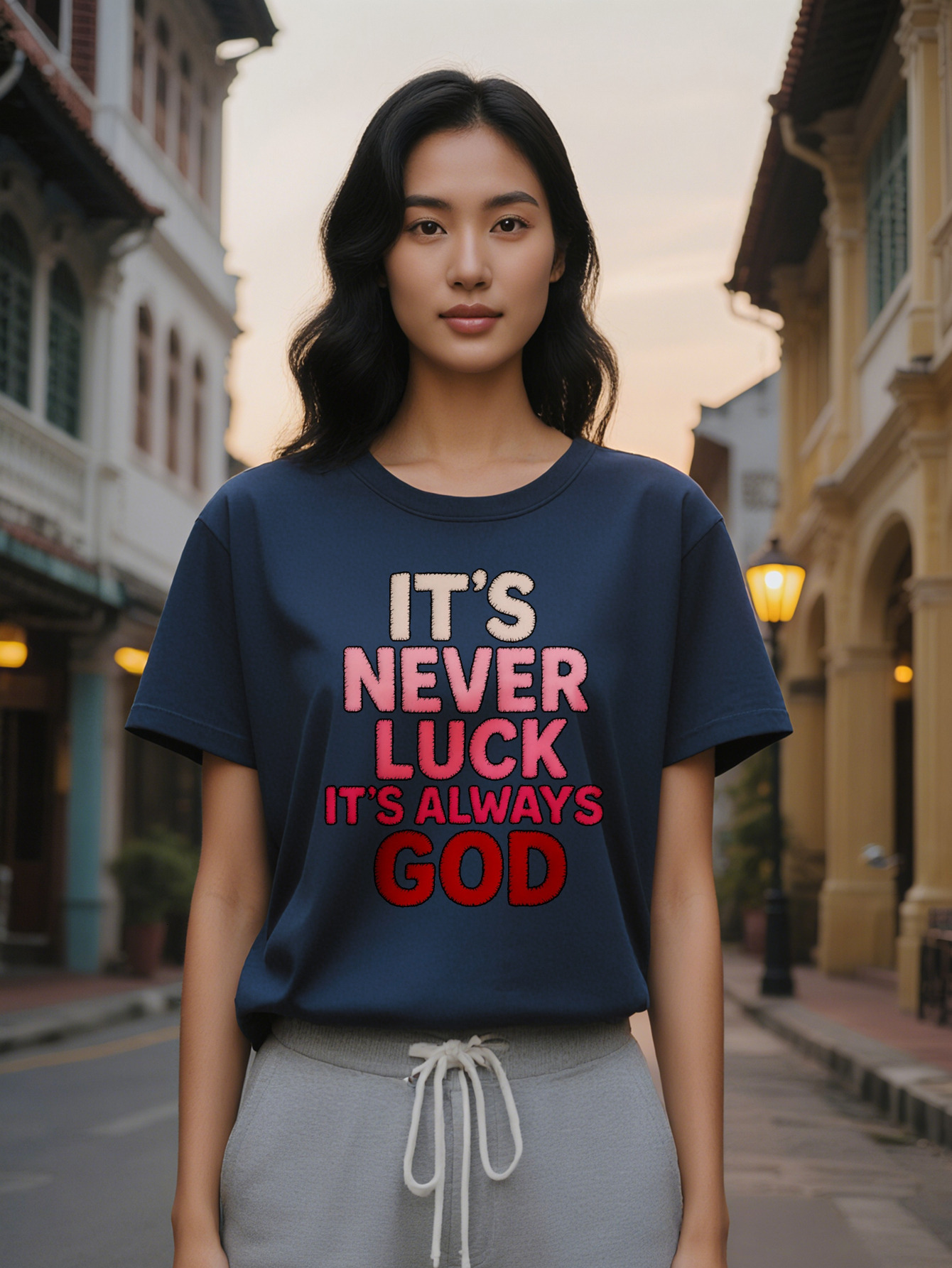 Large XL Lady Graphic T-Shirt with Never Luck It's Always God Print Black Light Pink Lettering Round Neck Summer Tee for Women Plus Size