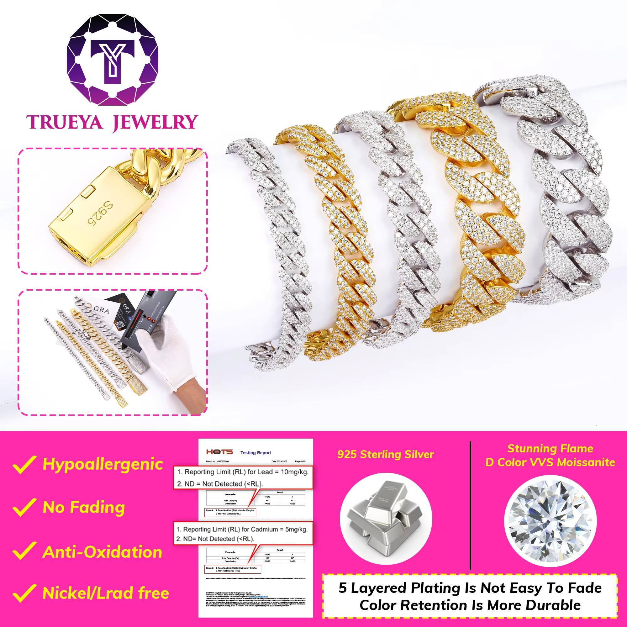 Wholesale Custom High Quality Men Hip Hop Jewelry 820mm Vvs Diamond Mossanite Moissanite 925 Silver Cuban Link Chain Bracelet