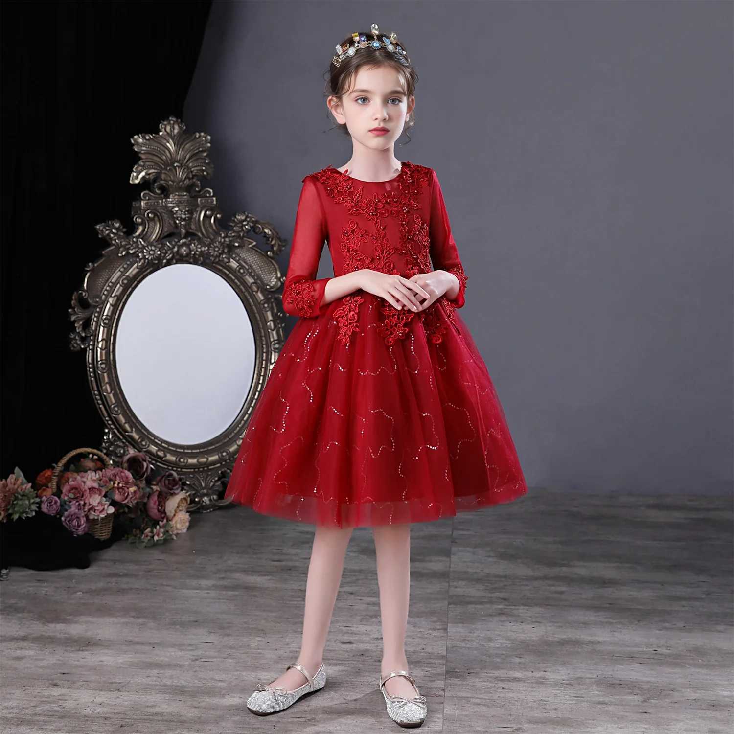 DW683 Childrens Girls Red Princess Dress Long Sleeve Piano Party Ceremony Flower Girl Gown Z250904