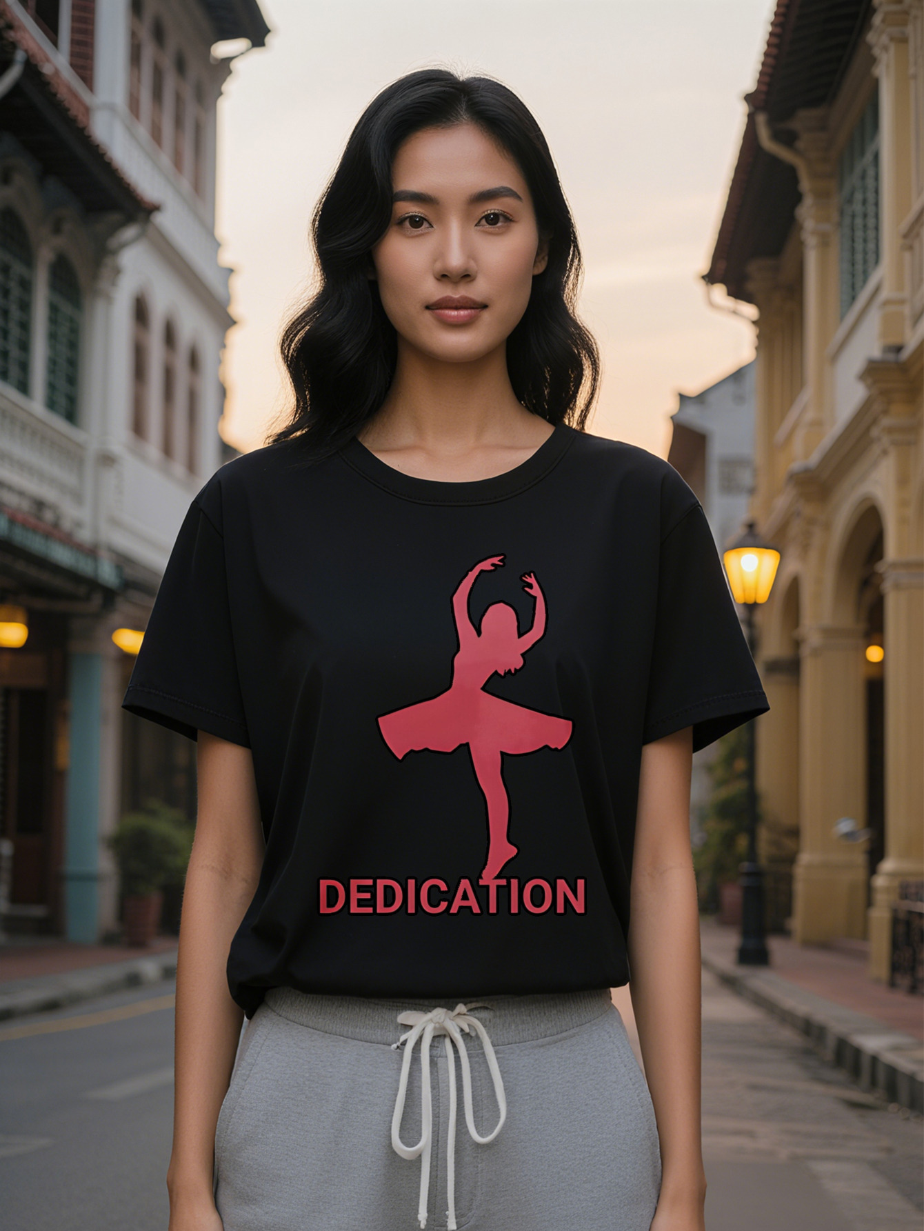 Large XL Lady Casual Ballet Dancer Silhouette Dedication Print T-Shirt Lightweight Crew Neck Tee Regular Fit Summer Top Plus Size