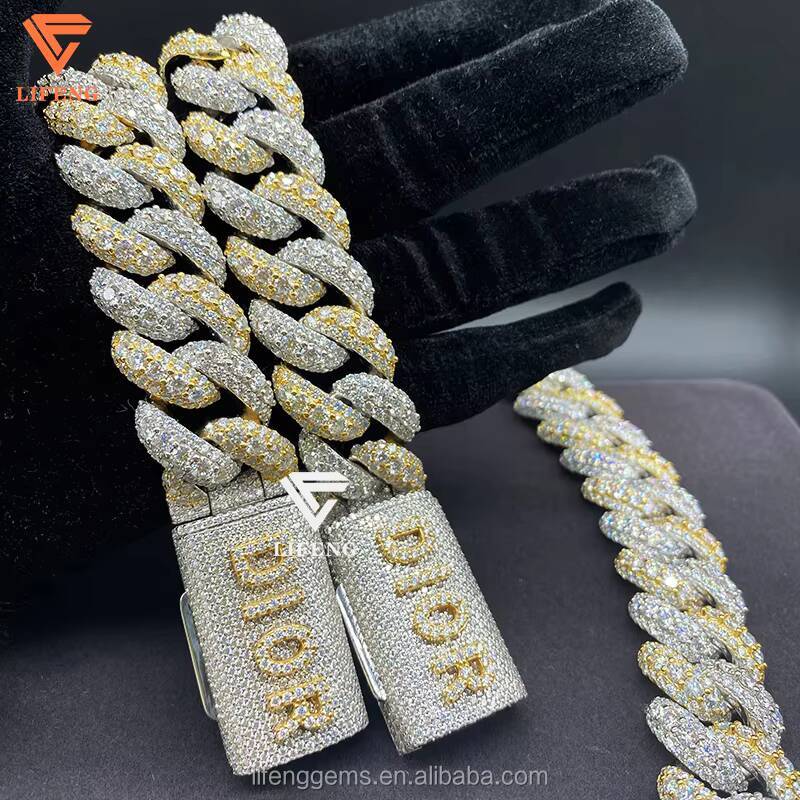 S925 20MM Iced VVS Moissanite Fashion Jewelry Hiphop Cuban Chain Custom Clasp Necklace with Custom Name Letter Two Tone Plated