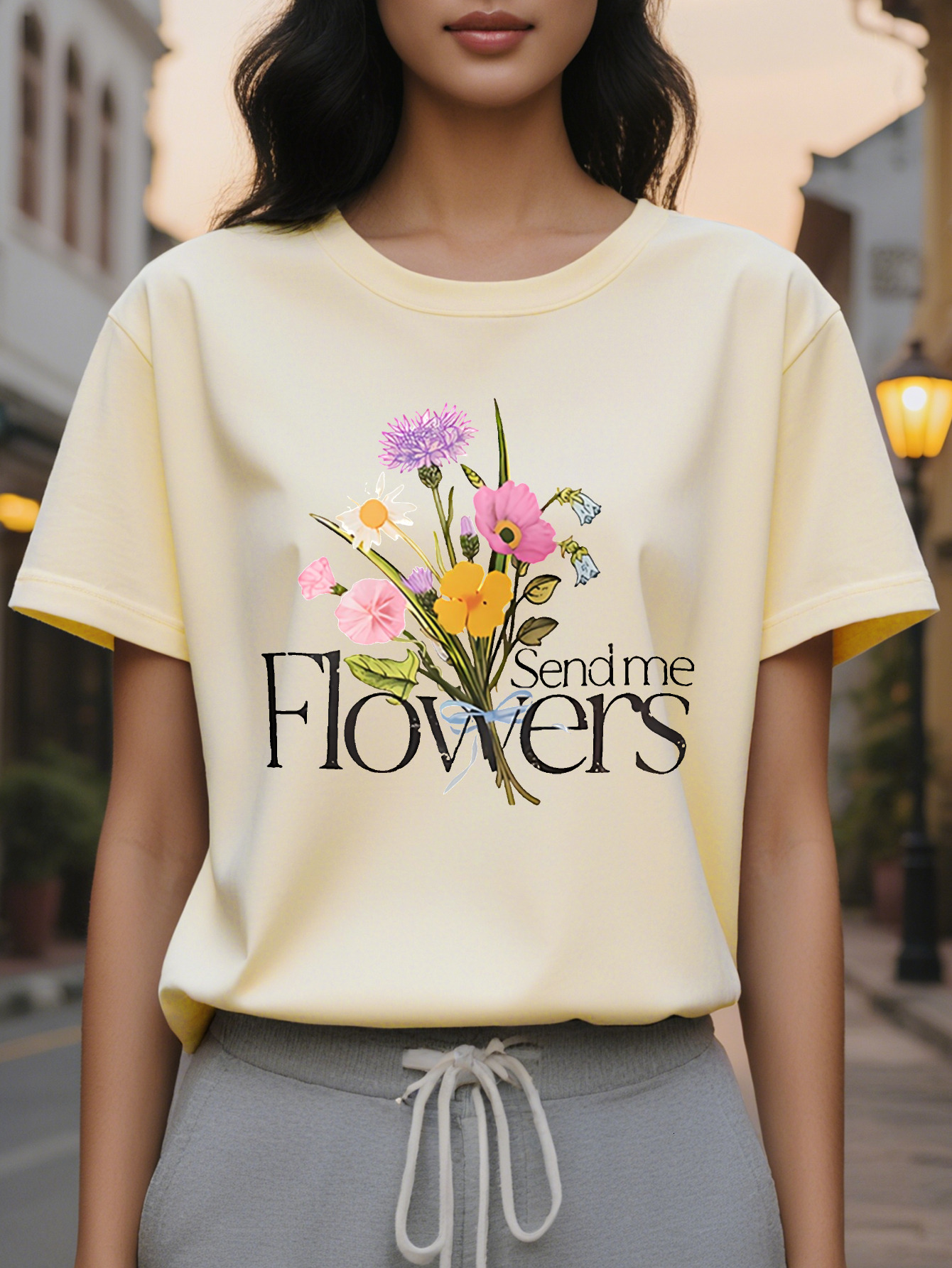 FLOWERS American Printed Pattern Spring and Summer New Fashion Round Neck T-shirt Slim Fit Slimming Women's