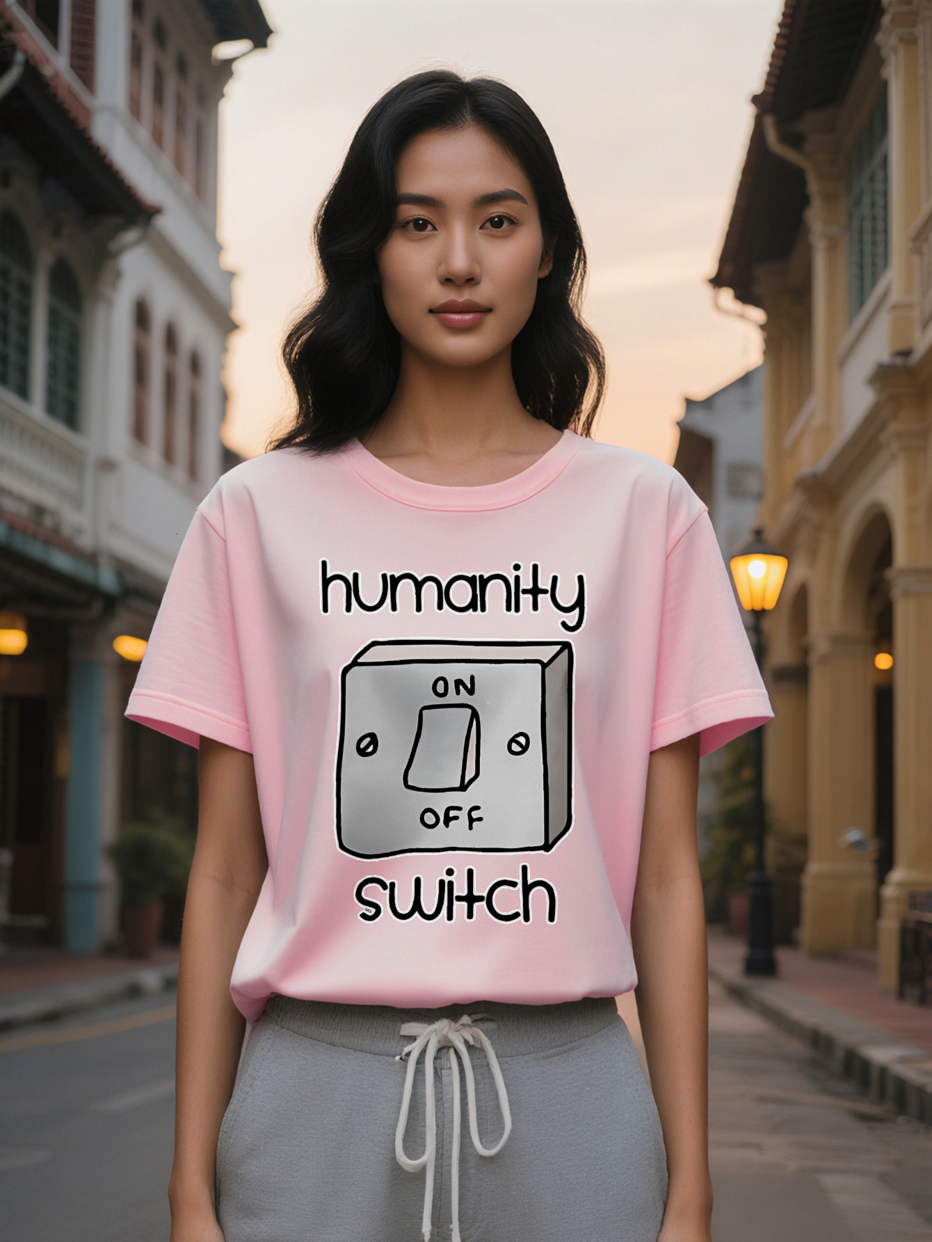 Large XL Women's Casual Crew Neck T-Shirt with HUMANITY ONOFF Light Switch Print Black Short Sleeve Summer Tee Perfect Gift for Plus Size