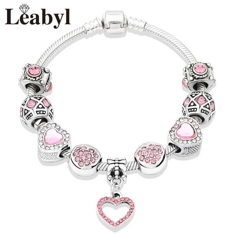 New Valentines Romantic Pink Heart Charm Bracelet Bangle Fine Crystal Diy Bead Bracelet Jewelry for Women Girl Gift W250904