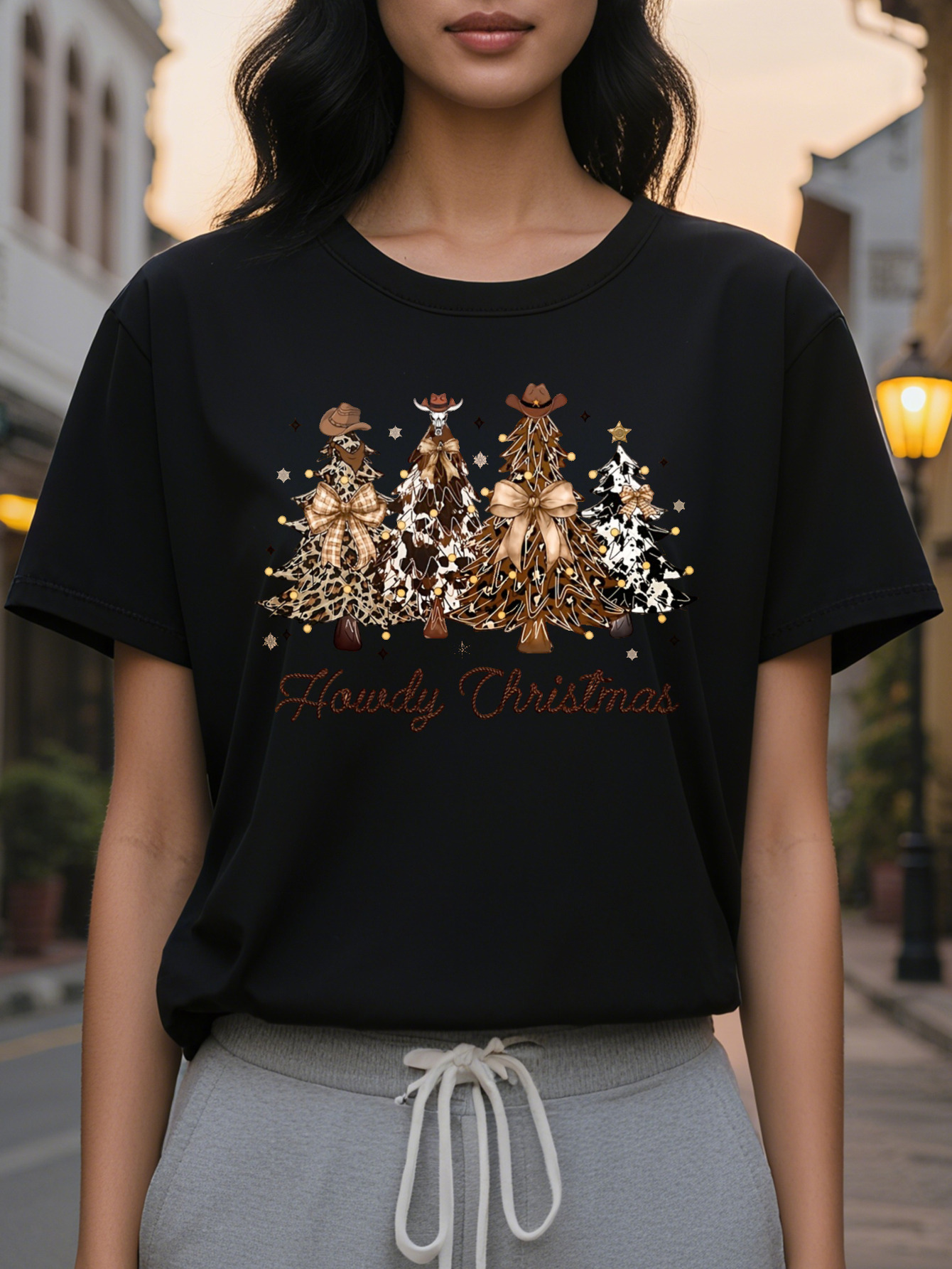 Women S Beige Crewneck Pullover with Western Cowboy Tree Design Holiday Sweatshirt for Xmas Parties and Family Gatherings