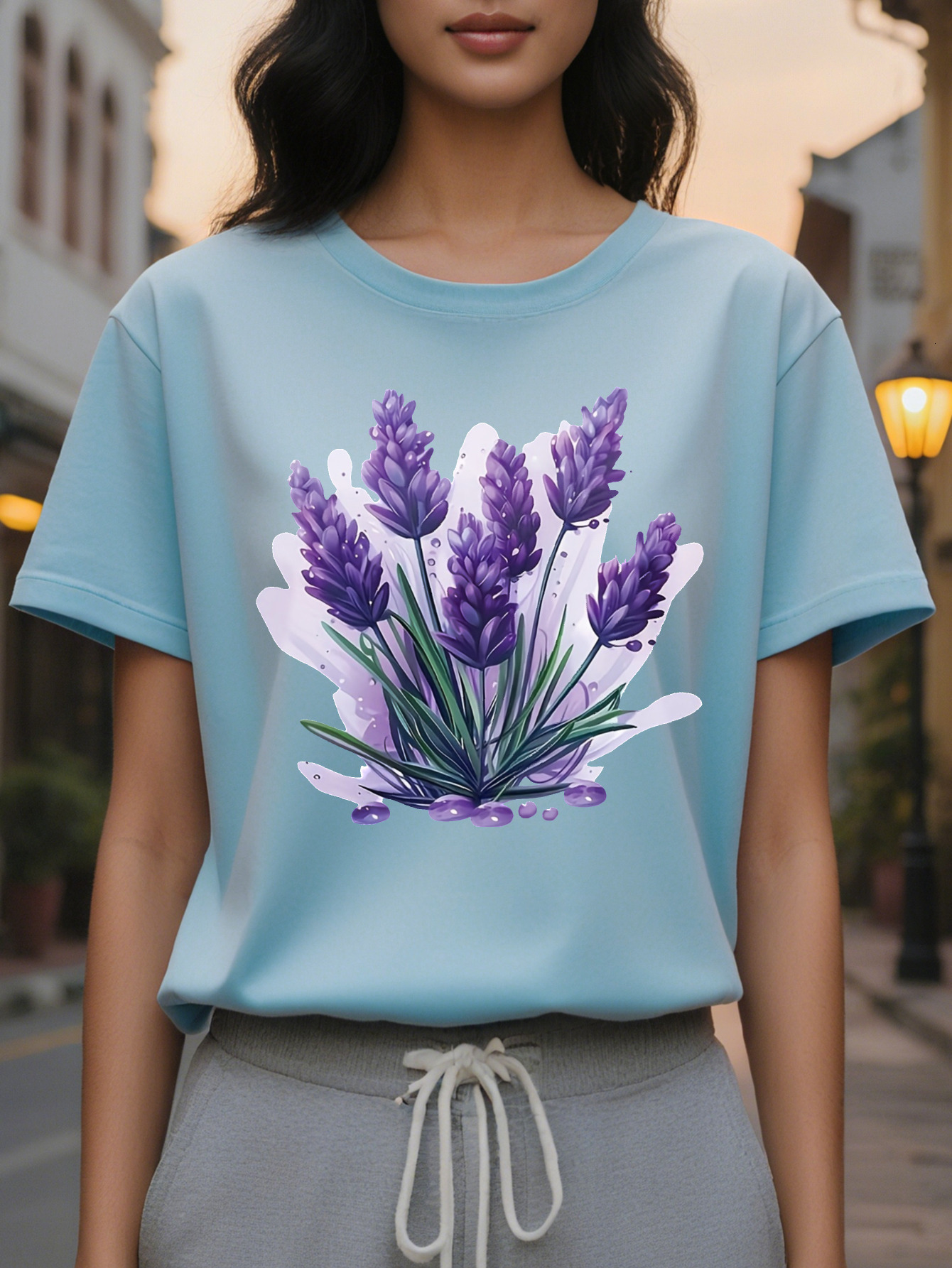 Large XL Lavender Tee Lightweight Cotton Women's Floral Print T-Shirt Casual Short Sleeve Round Neck Perfect for Spring Plus Size