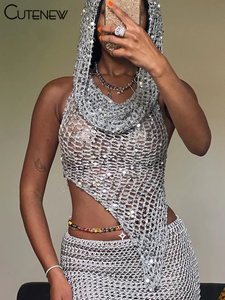 Cute Womens Knitted Two Piece Set Hooded Camisole Vest TopHip Slim Mini Skirt Streetwear Female Dress Suit 250904