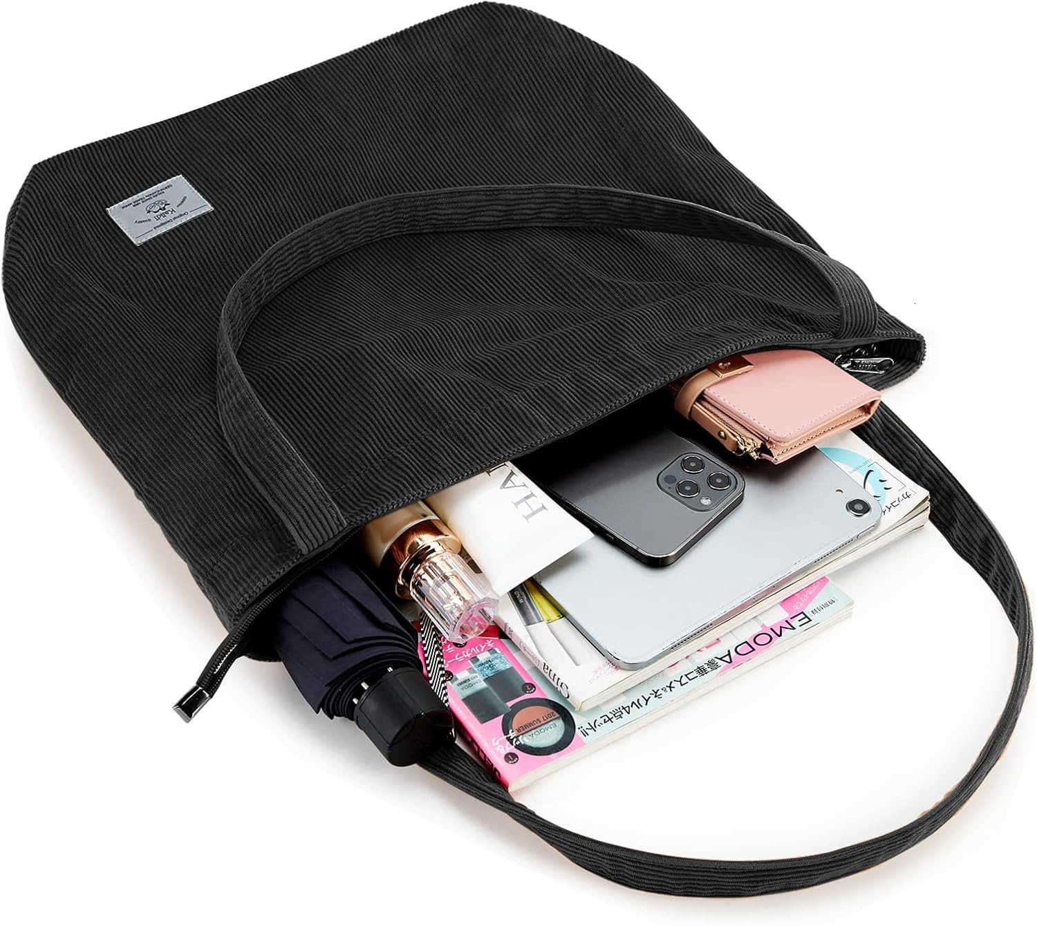 Women Corduroy Tote Bag Zipper Casual Totes Handbag Big Capacity Shoulder Bag with PocketsW250904