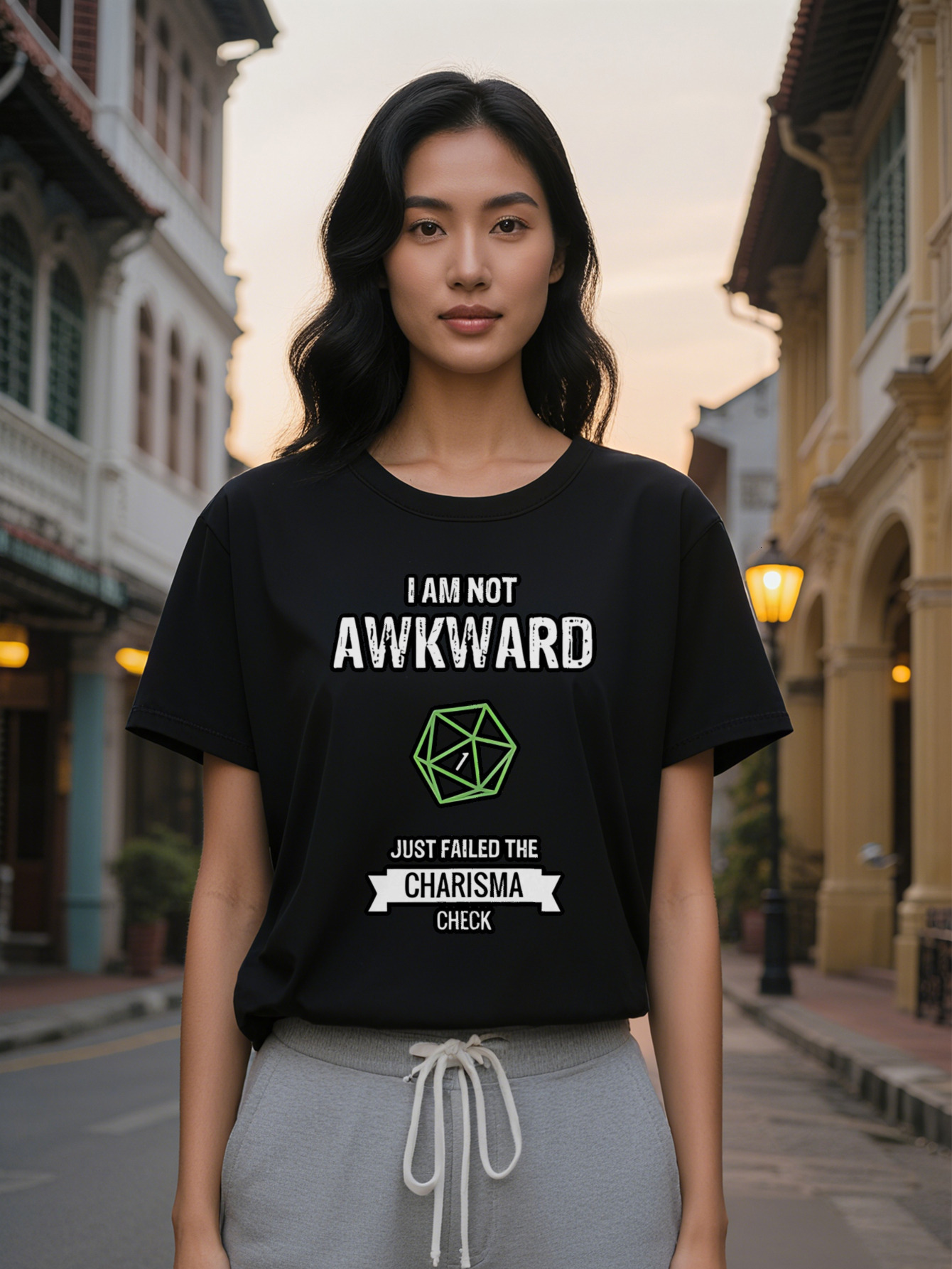 Large XL Graphic T-Shirt I AM NOT AWKWARD Slogan Green Geometric Print Black Round Summer Tee Regular Fit Washable Top Plus Size