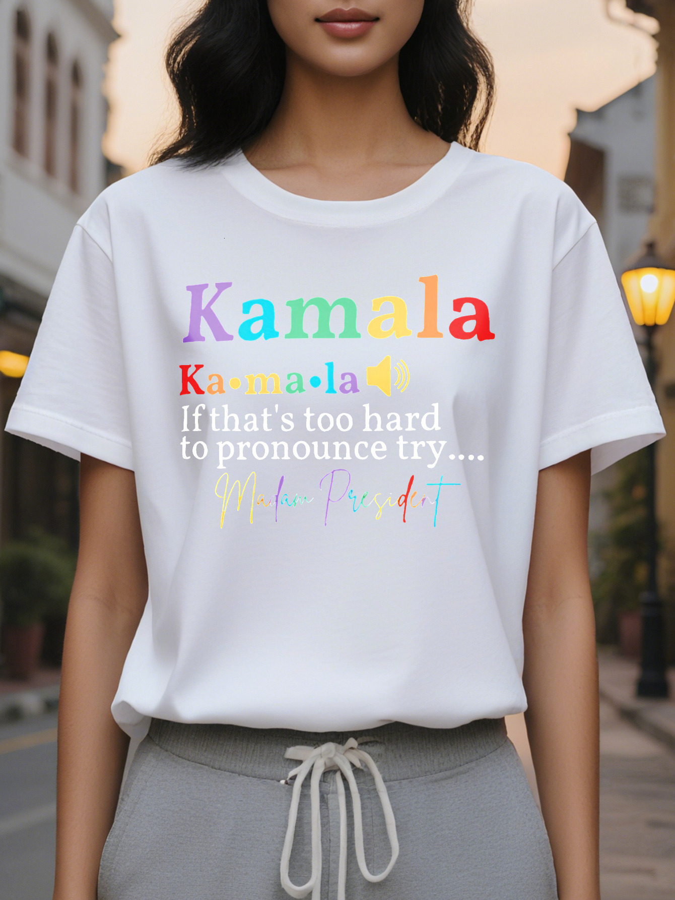 Large XL Women's Short Sleeve Crew Neck T-Shirt Vibrant Multicolor Kamala Letter Print with Playful Sound Effects Breathable Plus Size