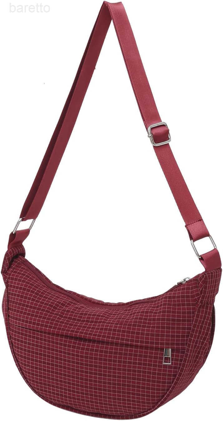 Checkered Nylon Crescent Bag for WomenMoon Bag with Metal Zipper and Card Slots M250903