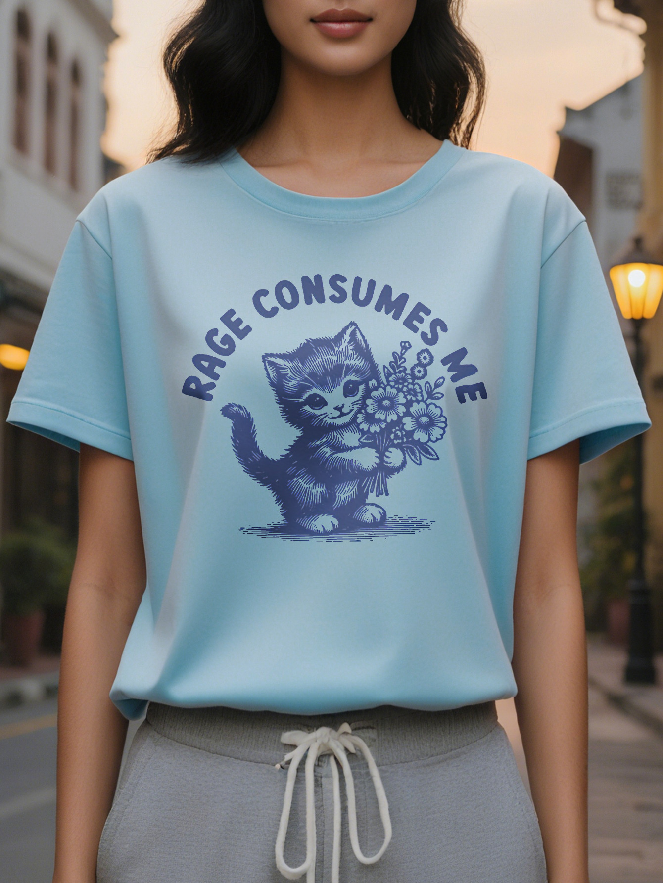 Women's Rage Consumes Me Pattern Black Cat Floral Casual Short Sleeve Loose Crew Neck Spring Summer T-Shirt