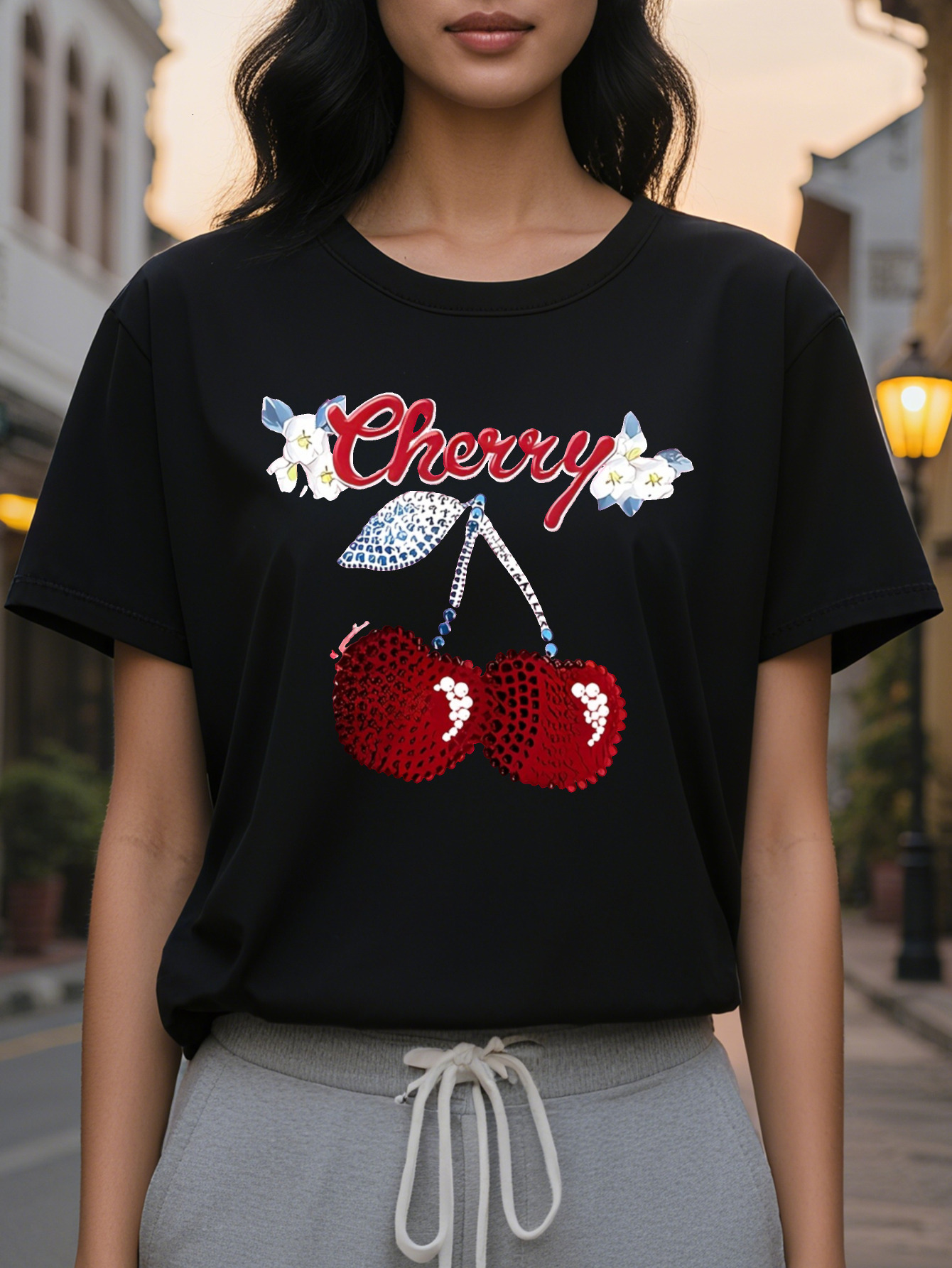 Cherry Personality Fashion Printed Round Neck Short Sleeve T-shirt Spring and Summer High-end Sense Slimming Women's