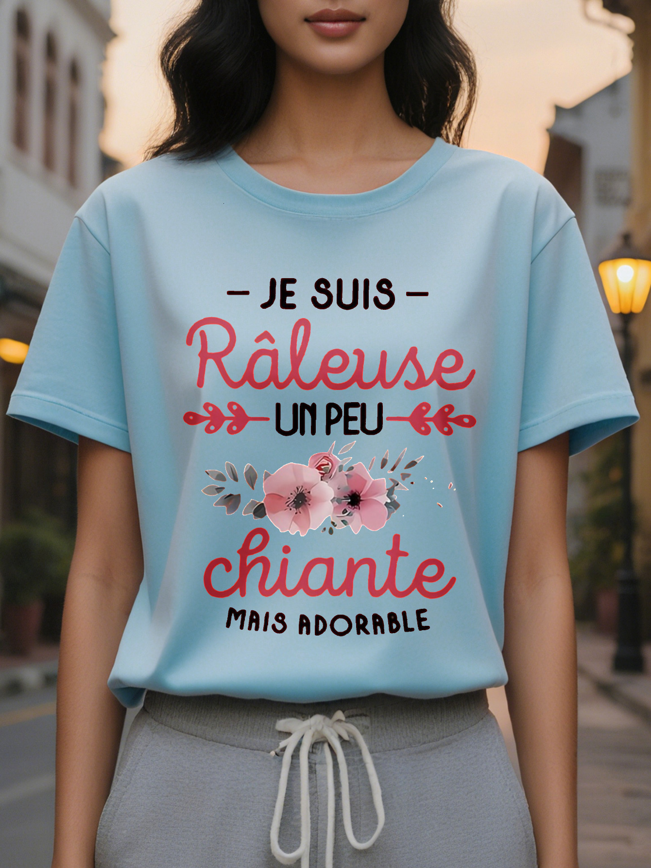 RALEUSE Ladies French Quotations and Printed T-Shirt Light Beige Loose Short Sleeve Top Breathable Round Neck Summer