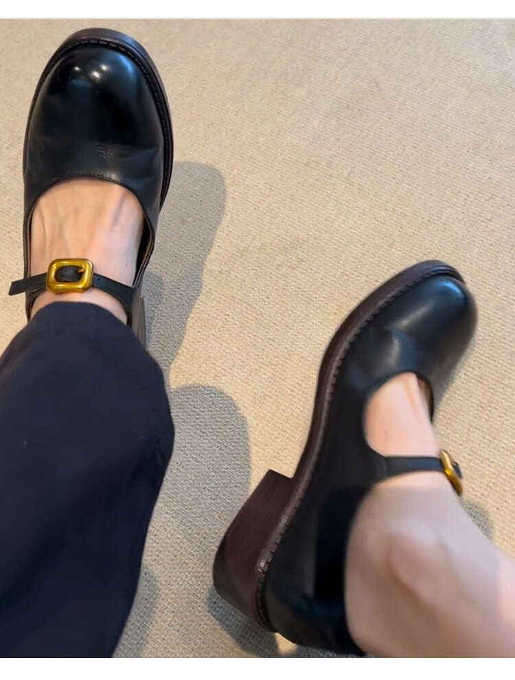 ~ Round Toe British Style Designer Shoe Small One Strap Mary Jane Women Genuine Leather Chunky Heel Shallow Mouth Single Shoes