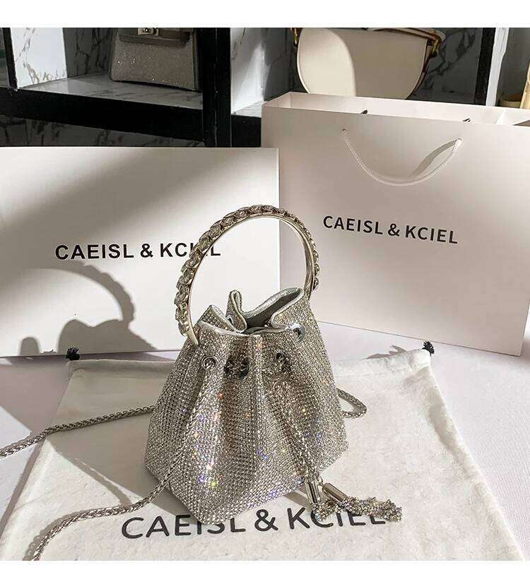 Designer Women's Handbag Rhinestones Dias Evening Clutch Glitter Shiny Bucket Purse Wedding Party Crossbody Bag