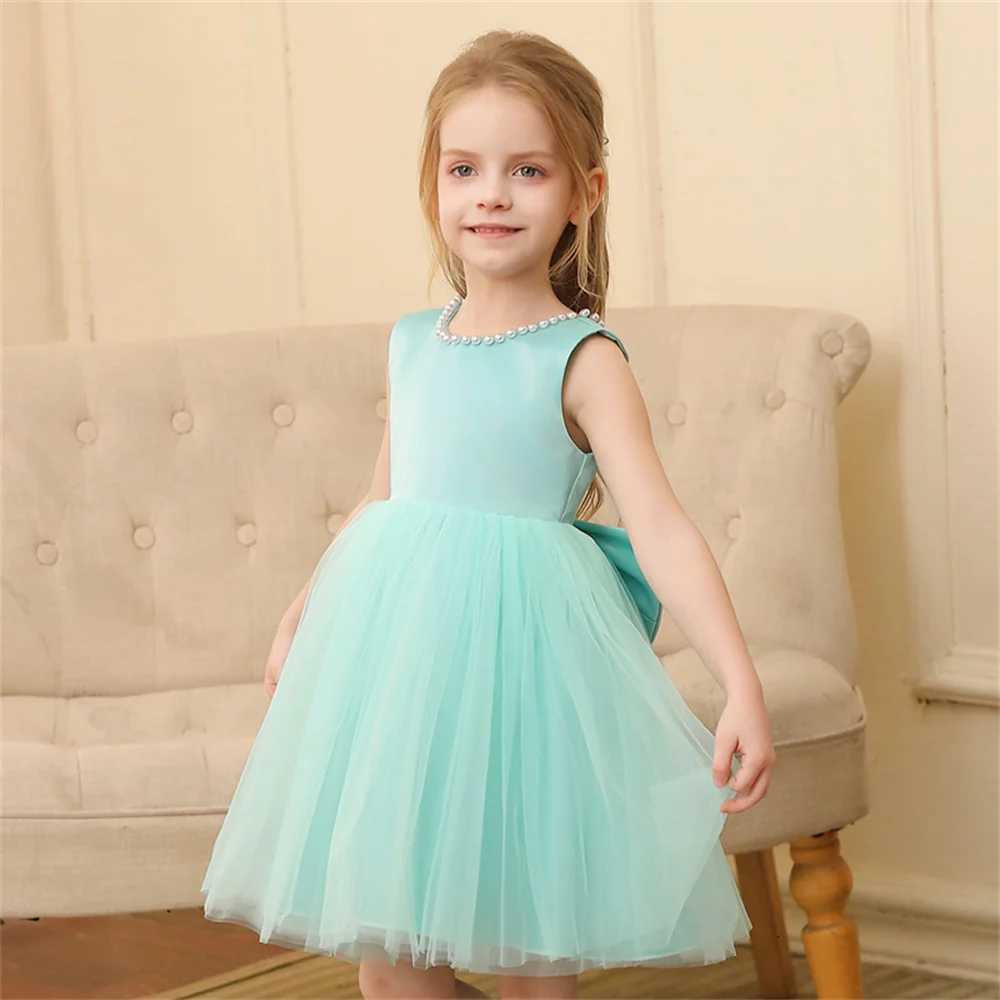 Toddler Girl Flower Birthday Tulle Pearl Dress Backless Bow Wedding Gown Baby Girl Bowknot Dresses Kid Party Wear Princess Dress Z250904
