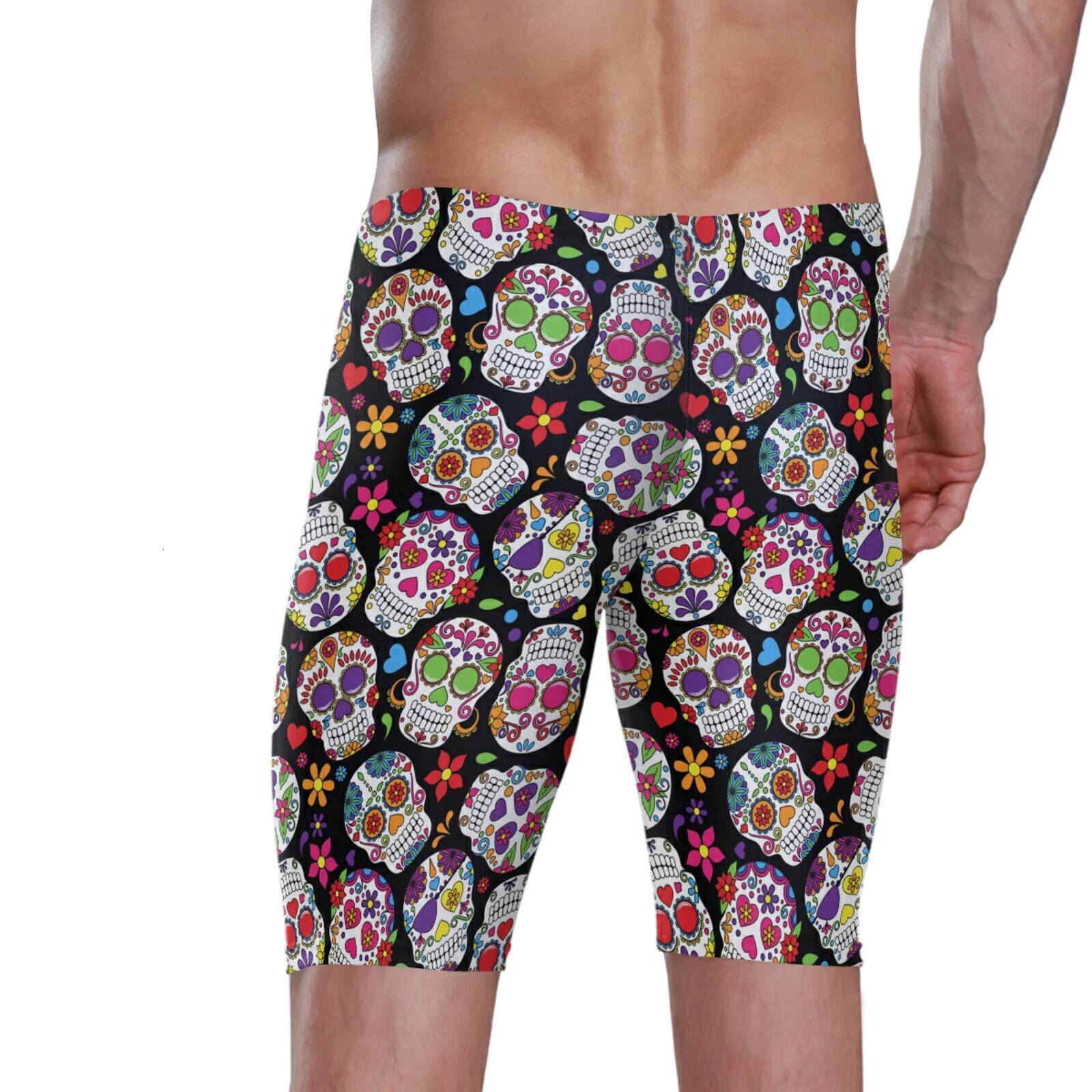 NEW Professional Competitive Swim Trunks Swimwear Men Brand skull print Jammer Swimsuit MEN'S swimming jammer