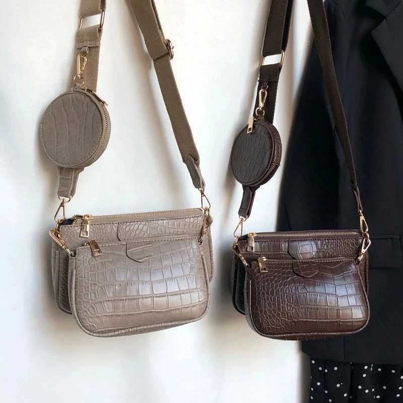 Vintage Crocodile women shoulder bag designer wide strap Crossbody bag chain Sling bag pu leather ladies 3 bag set wallet Z250903