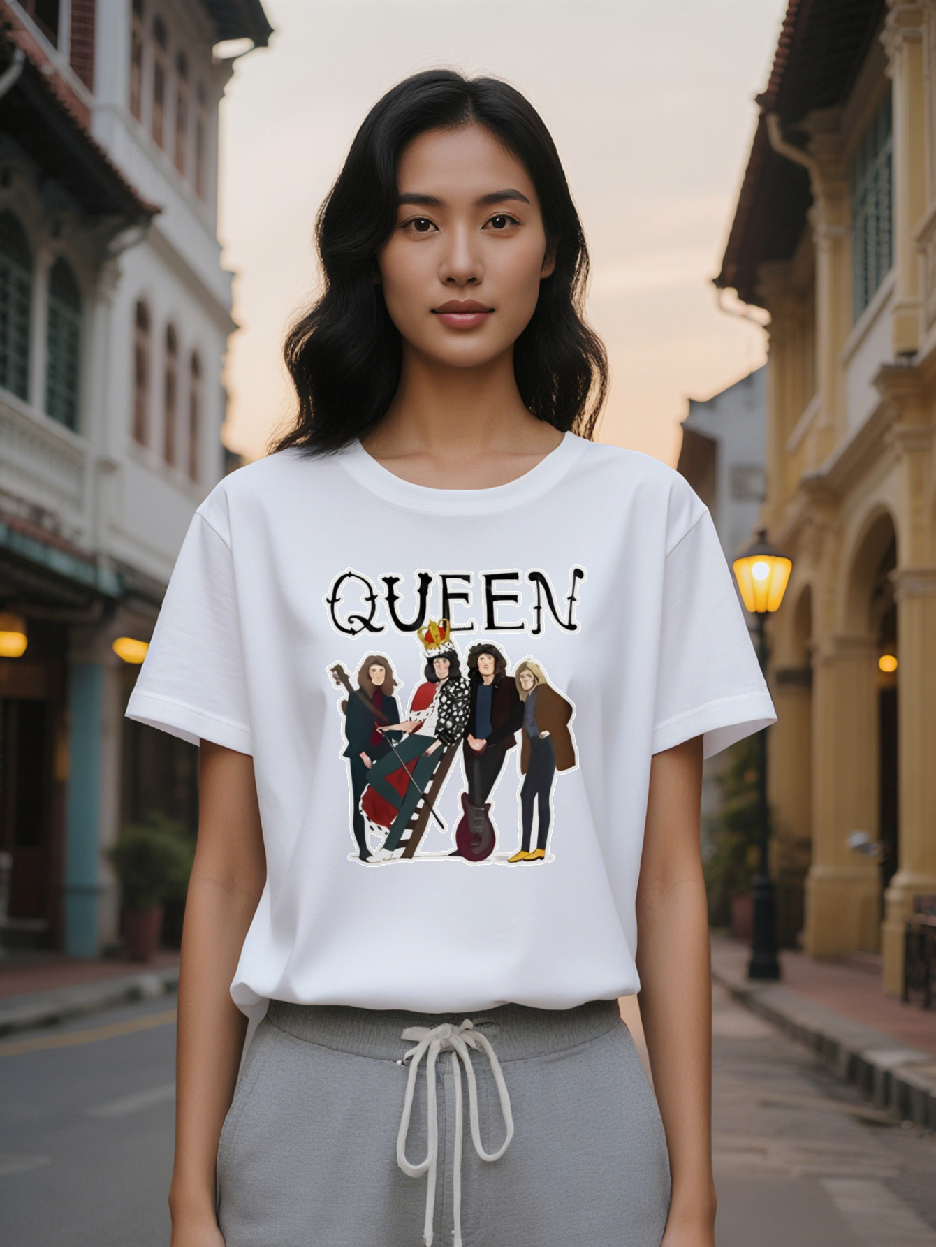 Large XL Casual Round Neck T-Shirt QUEEN Four Cartoon Character Print Top Lady Gift Plus Size