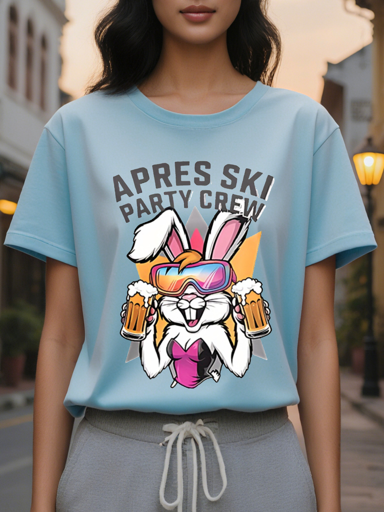 APRES SKI Women's Pattern Short Sleeve T-shirt Fun Rabbit Beer Cup Design Breathable Semi-permeable Fabric Loose