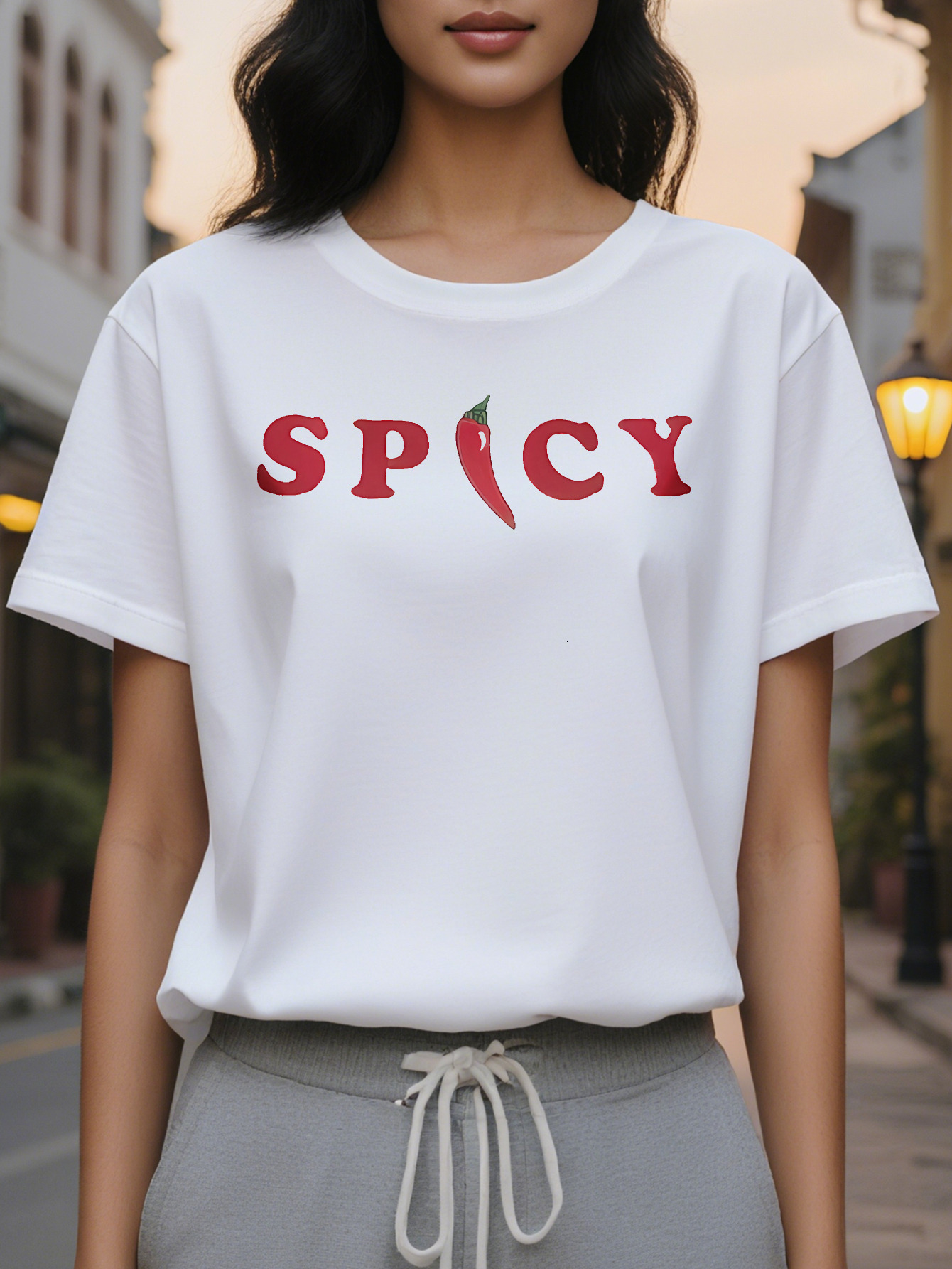 Women s White SPICY Pattern T-Shirt Short Sleeve Round Neck with Red Pepper Design Casual Summer Big Font Top