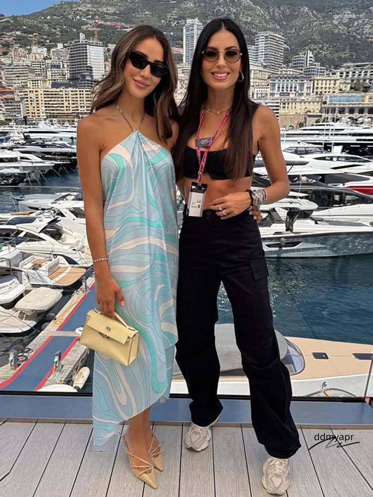 Ddmyday Casual Dresses Printed Ripple Backless Halter Long Dress Woman Loose Irregular Hem Sleeveless Robes Fashion Vacation Women's Ddmyday Ddmy