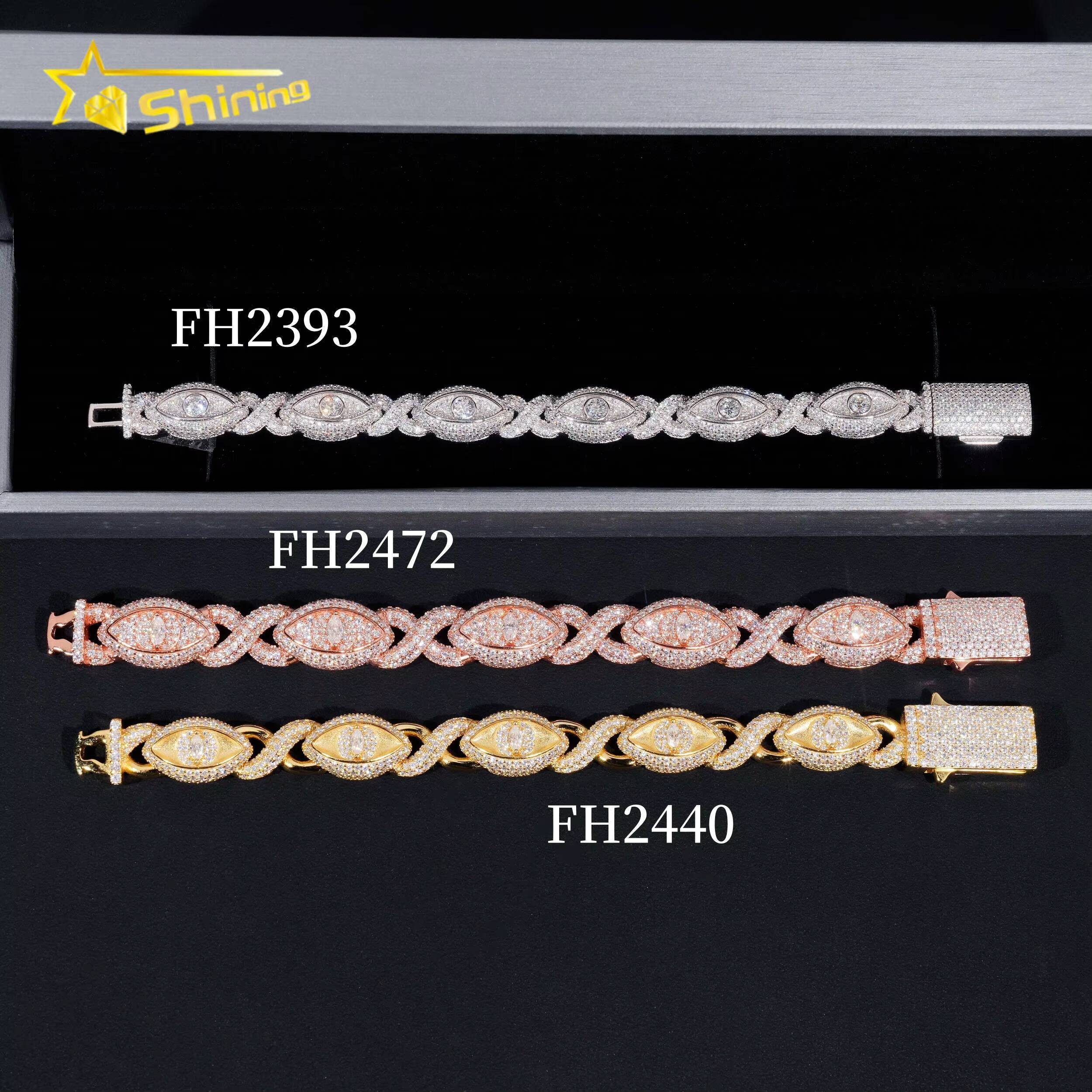 Men Hot Selling Moissanite Bracelets Collection Iced Out 925 Sterling Silver Moissanite Cross Evil Eyes Cuban Bracelet