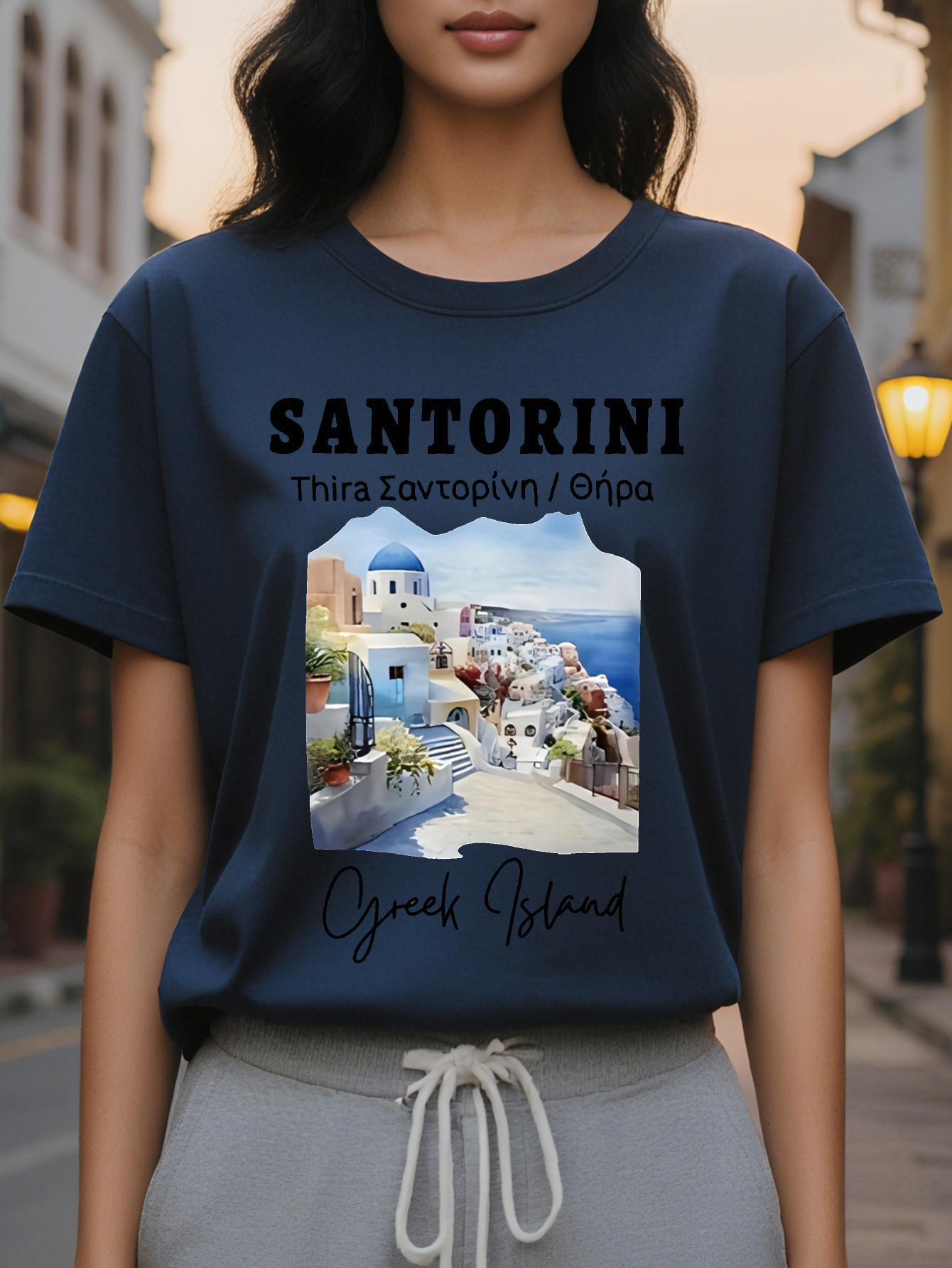 Women's Santorini Print T-Shirt Short Round Neck Casual Top Greek Island Translucent Summer Shotgun Washable
