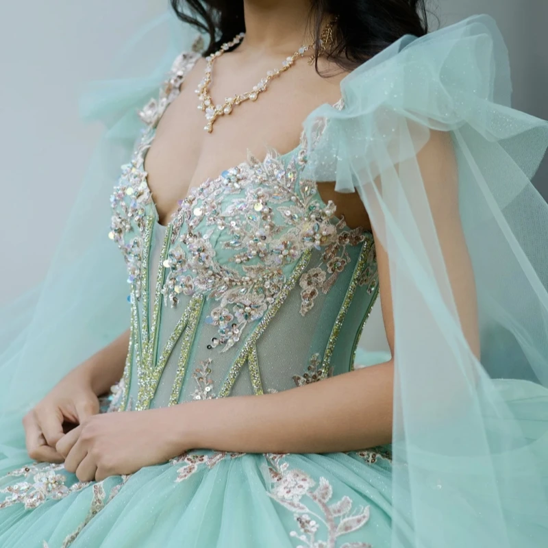 Mint Green Shiny Quinceanera Dresses Ball Gown Off The Shoulder Applique Lace Beading Crystal With Cape Tull Sweet 16 Dress Vestidos 15 Anos