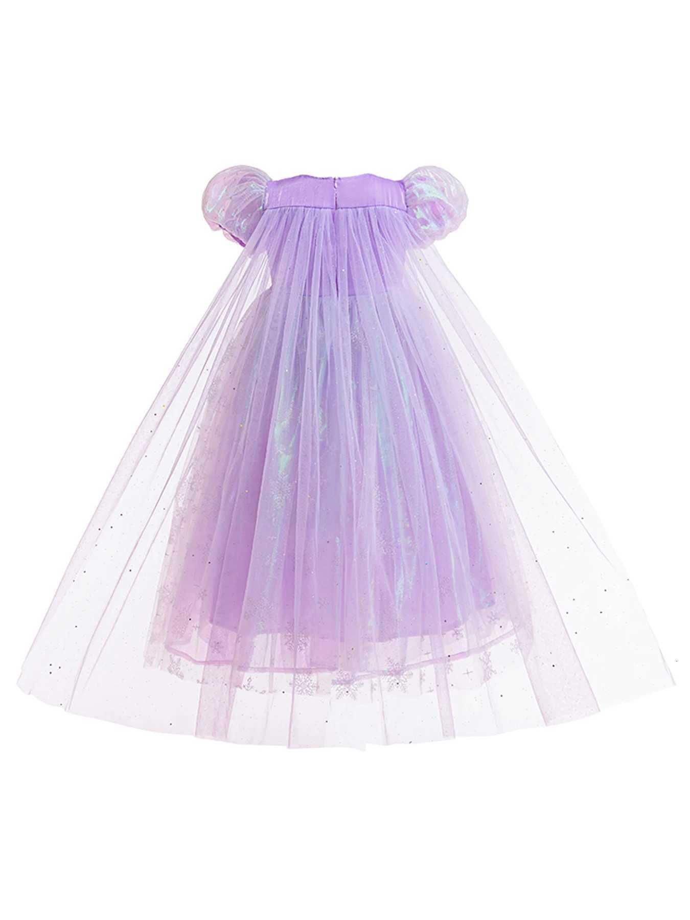 Elegant girl violet shiny tulle princess dress with puff sleeves round neck zipper closure perfect for parties and festivals. Z250904