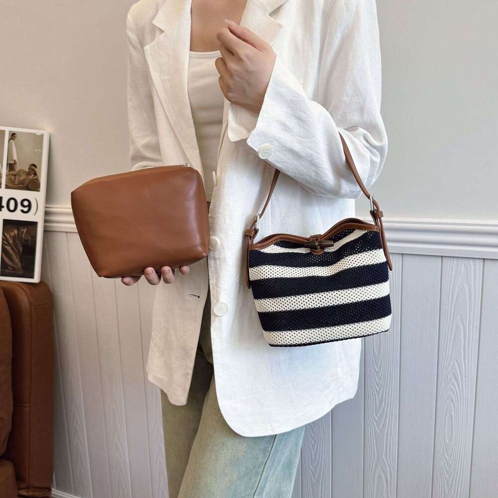 DHEssentials 2025 Summer Striped Knit Crossbody Bag for Women, Medium Bucket Shape