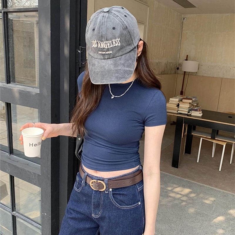 Basic Solid Crop Top Short Sleeve Crewneck Skinny Tshirt Summer Casual Tee for Women y2k Vintage Harajuku Streetwear w250903
