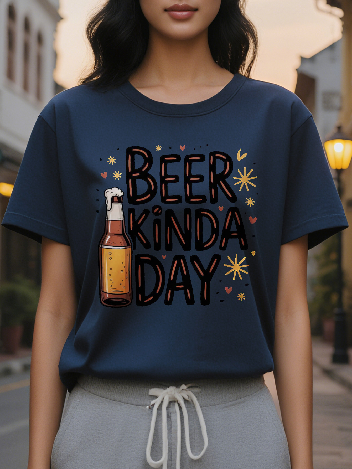 Women's Fun Lover T-shirt BEER KINDA DAY Slogan Bottle Pattern White Round Neck Summer Top Washable Party Dress