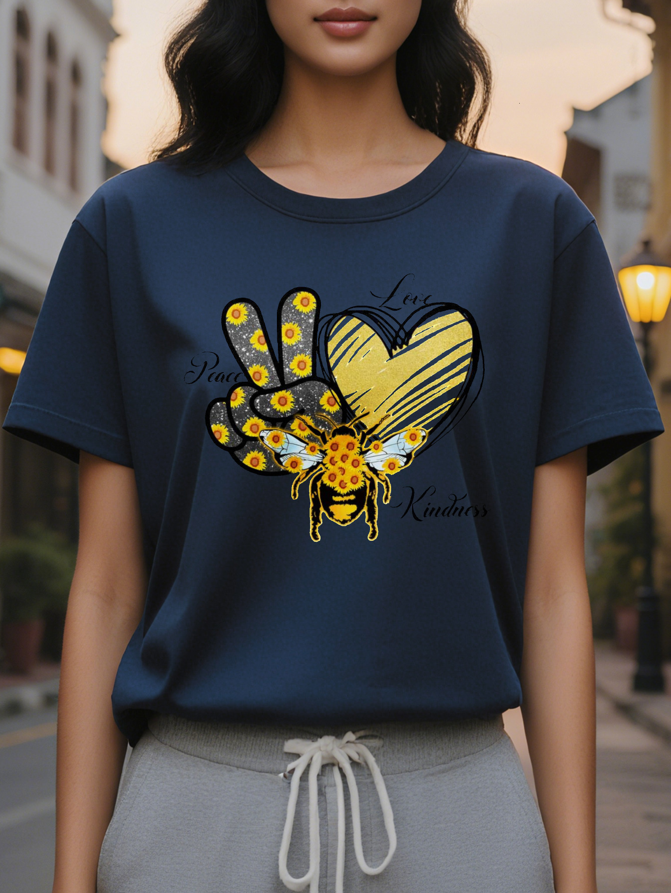 Women's T-shirt White Peace Heart Shaped Pattern Goodwill Text Printing Autumn Soft Daily Casual Jacket Washable