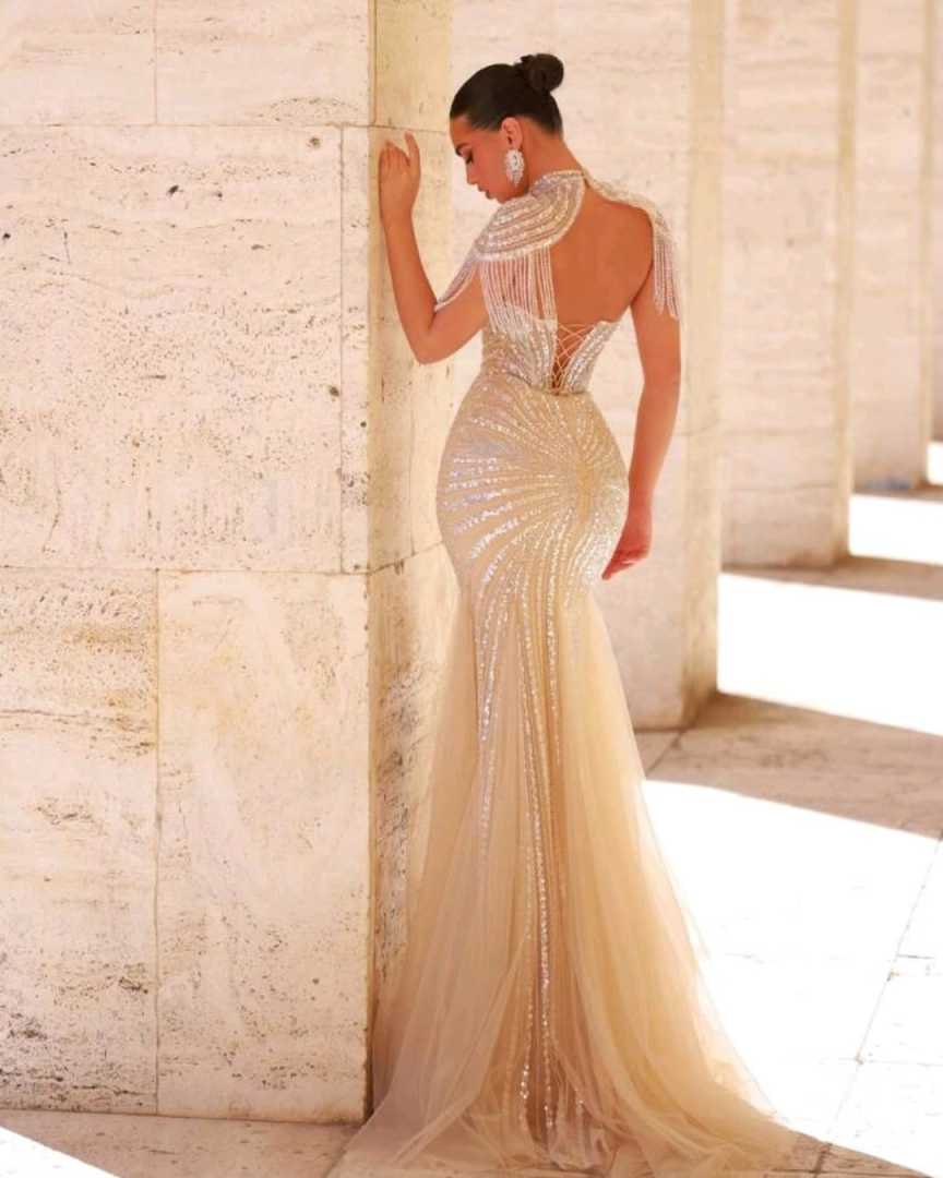 Exquisite Sequins Mermaid Evening Dresses Sweetheart Neck Sleeveless Prom Gowns Tassel Sweep Train Dresses Custom Made