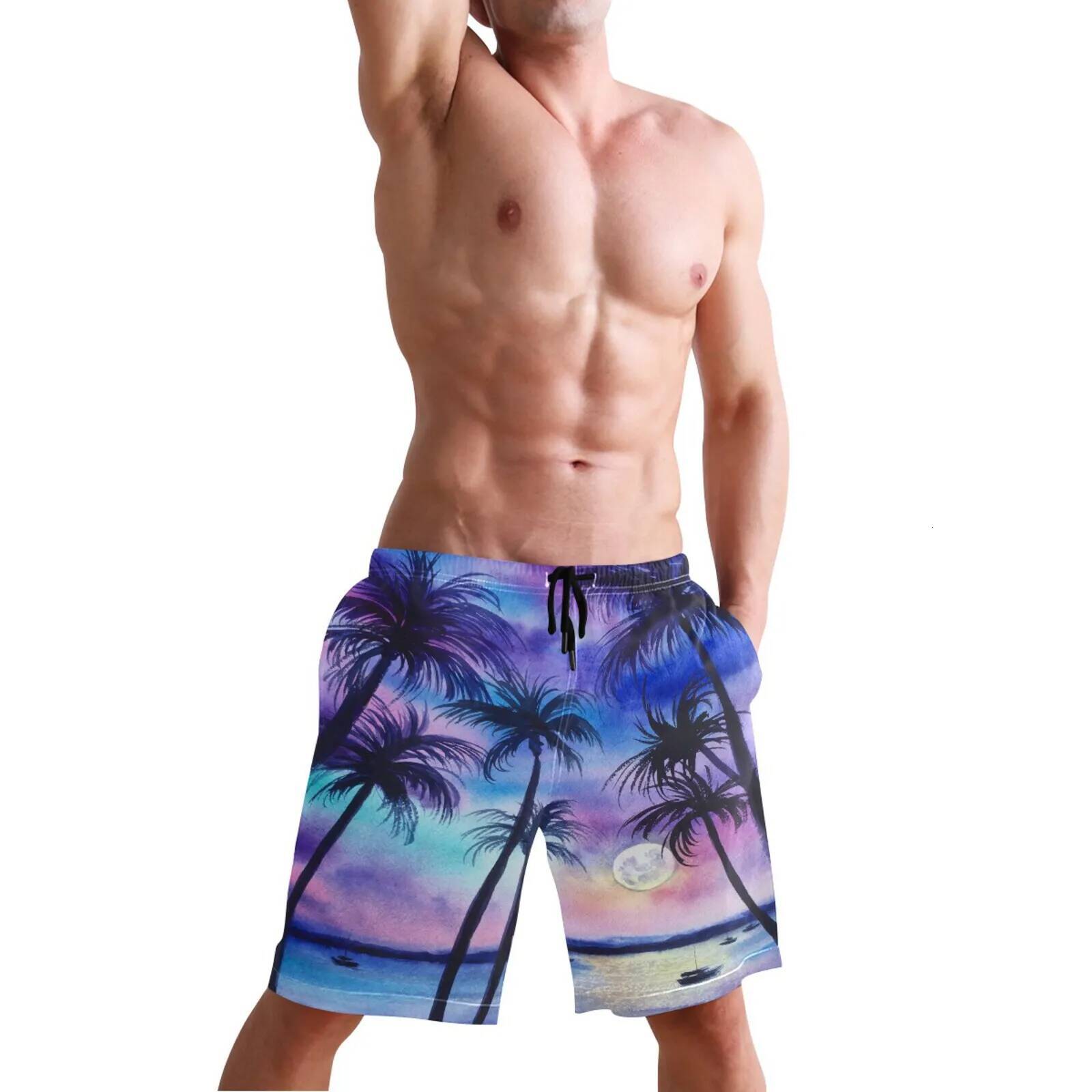 Summer Men's Fashion Swimming Trunks Hawaiian Palm Tree Printed Beach Quick-Drying Sea Fishing Holiday Shorts Men
