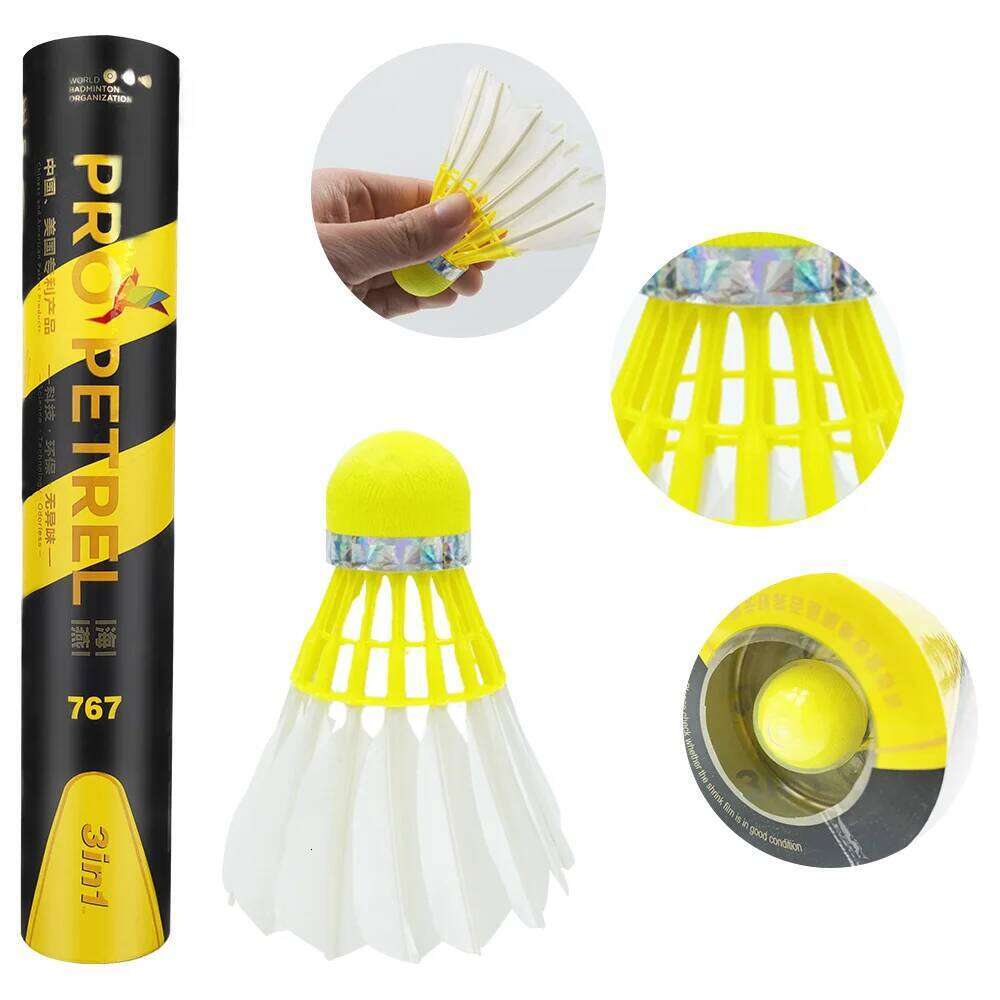 12Pcs Pro Petrel 767 3In1 12Pcs Training Goose Feather Shuttles Birdies Yellow Cork Badminton Indoor Outdoor Sports Game