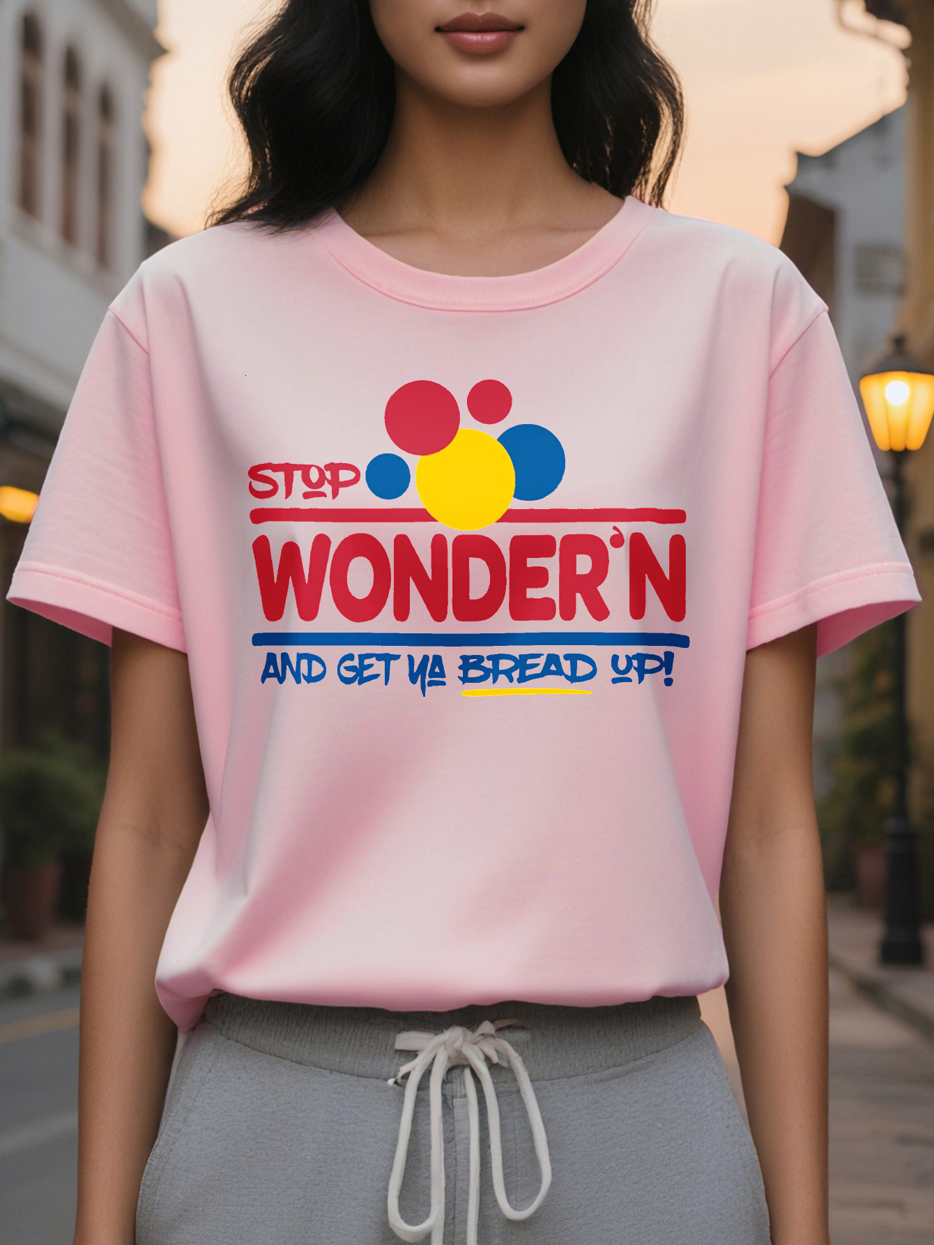 Large XL S Funny Stop Worrying and Get a Bread T-Shirt Soft Pink Crew Neck Casual Shirt Women Lightweight Everyday Top Plus Size