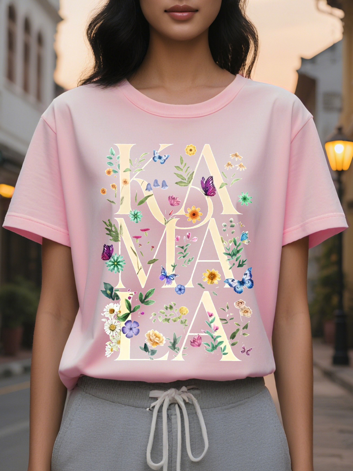 Women S KIMA Print T-Shirt Short Sleeve Crew Neck Cotton Gray with Colorful Flower Design Perfect for Spring