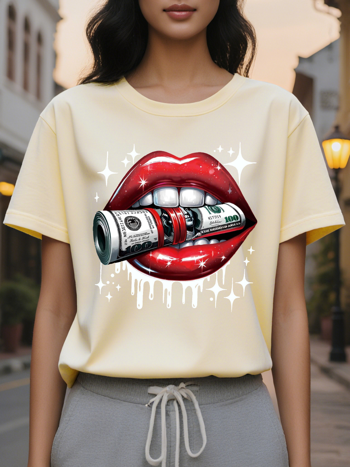 Red Lips Dollar Print T-shirt Casual Short Sleeve Crew Neck Top Stylish All Season Women's Clothing