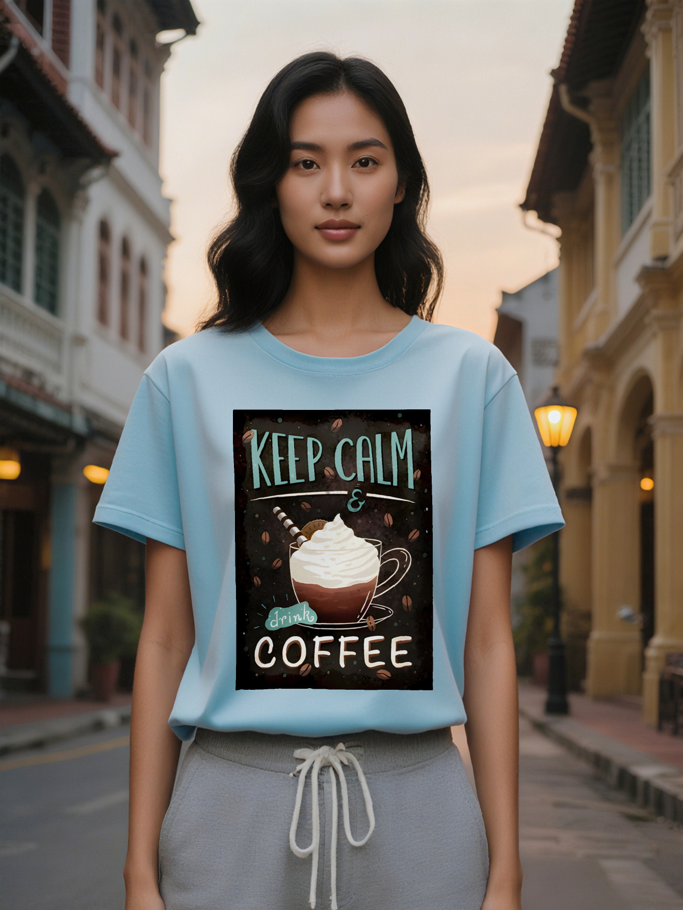 Large XL Lady Casual Graphic T-Shirt Keep Calm Drink Print with Beans Latte Art Black Round Neck Summer Tee Washable Plus Size