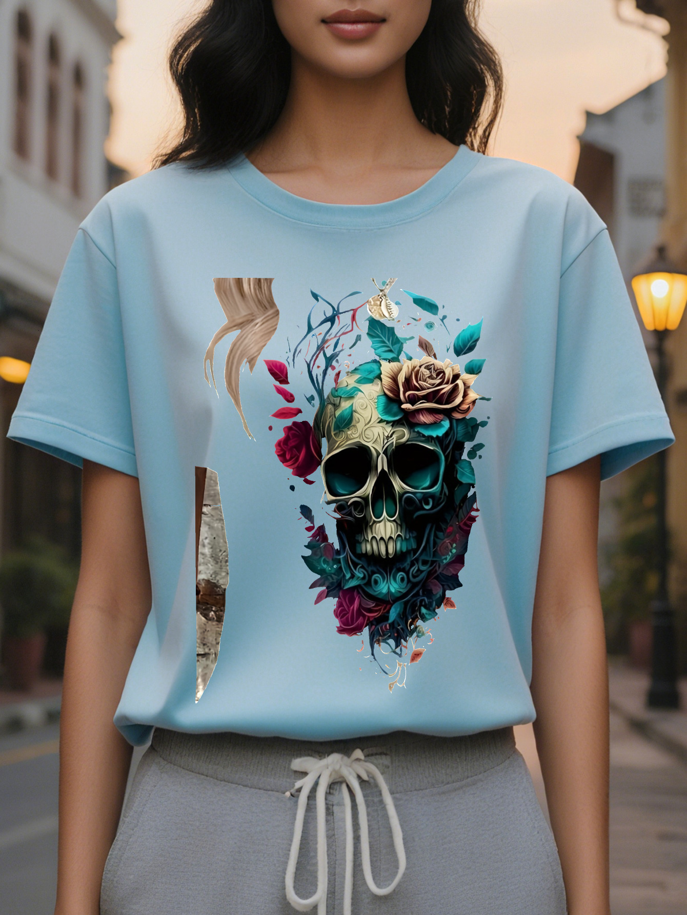 Women's casual round neck T-shirt with floral skull print, cotton knitted fabric, regular length, all-season top