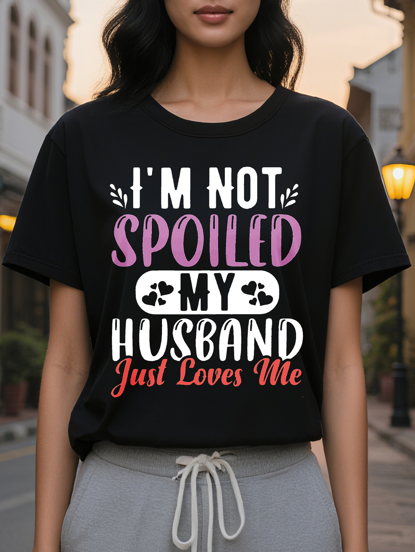 Large XL Women S V Neck T-Shirt I'm Not Spoiled My Husband Just Loves Me Graphic Print Short Sleeve SpringSummer Tee in Heather Plus Size