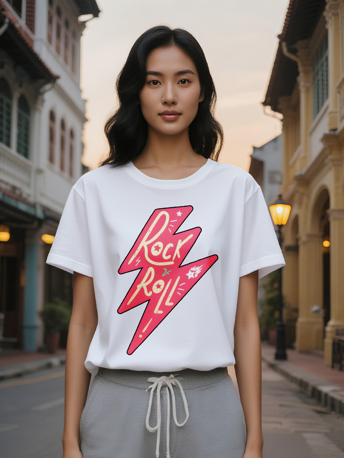 Large XL Women's Casual Crew Neck T-Shirt Vintage Band Print Summer Knit Top Regular Fit Slight Stretch Pure Cotton Ideal Plus Size