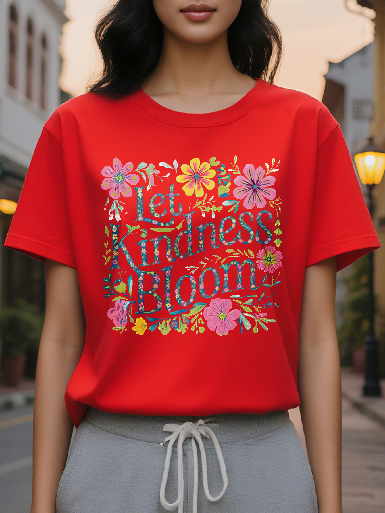 100% Cotton Women's Casual Crew Neck T-Shirt Let Kindness Bloom Print Regular Length All Season Fashion Top