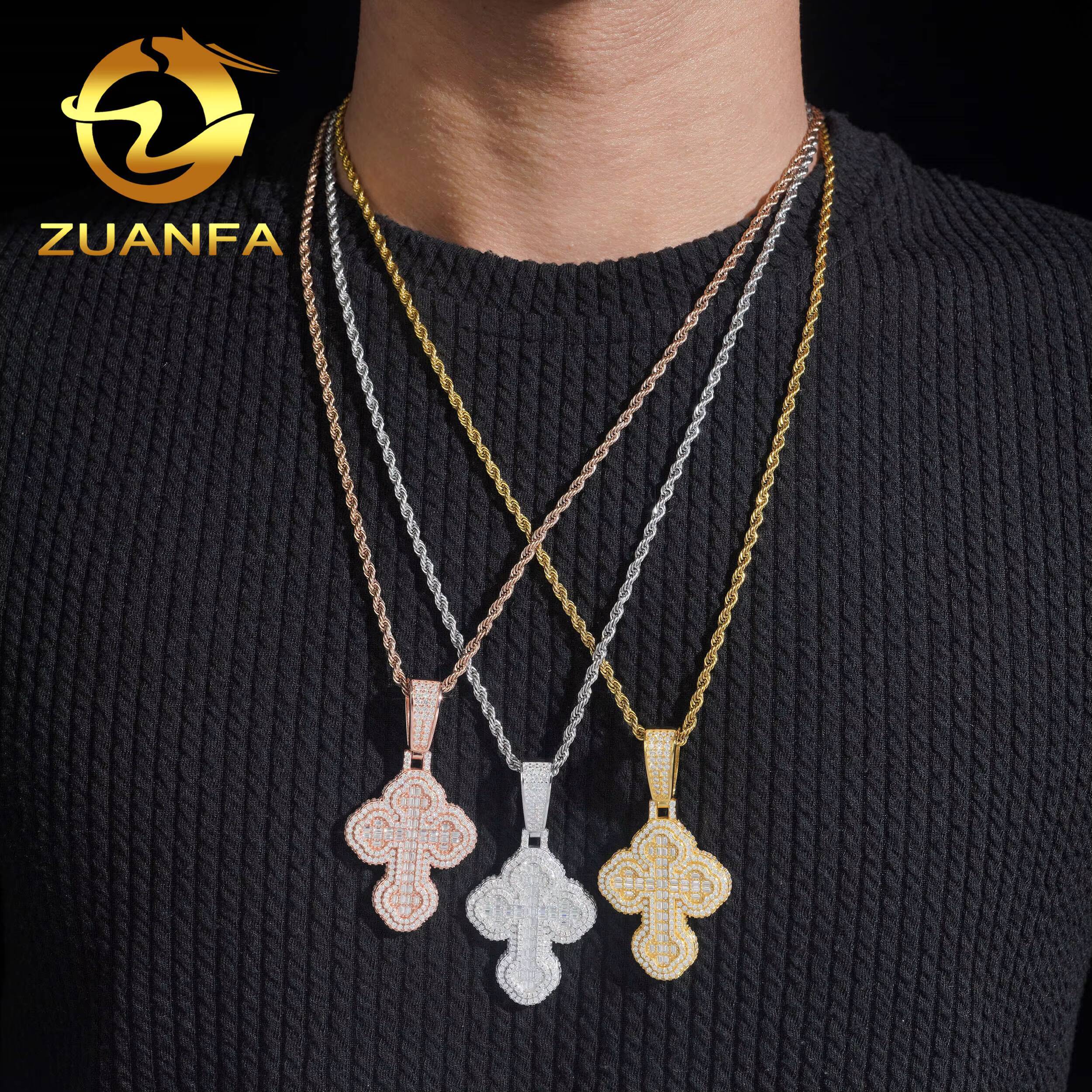 Ready Shipping Hip Hop Jewelry Cross Moissanite Pendant Silver 925 Iced Out Moissanite Iced Out Cross Pendant With Rope Chain