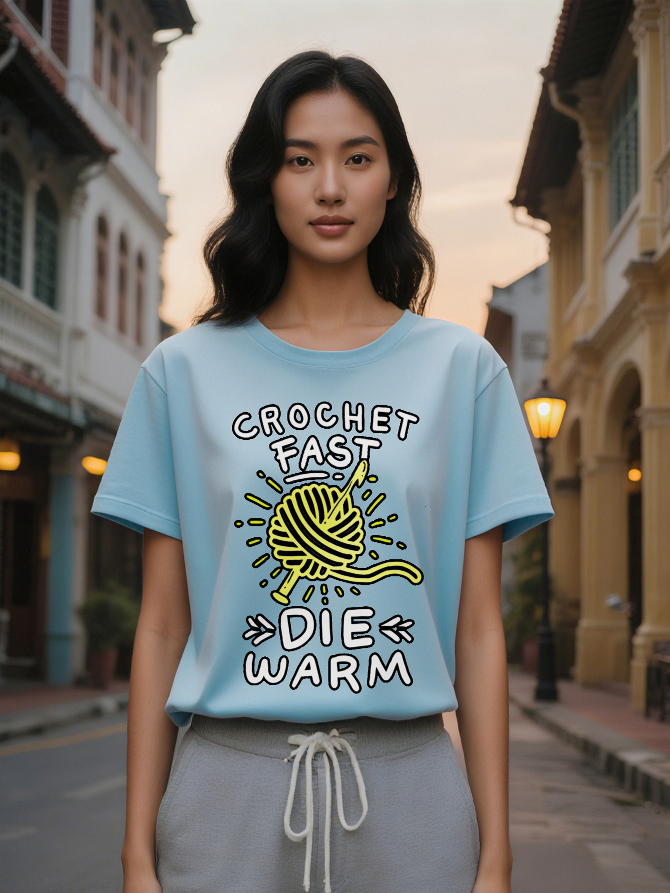 Lady Casual Crew Neck T-Shirt Crochet Fast Die Warm Graphic Print Black with Yellow White Design Breathable Summer