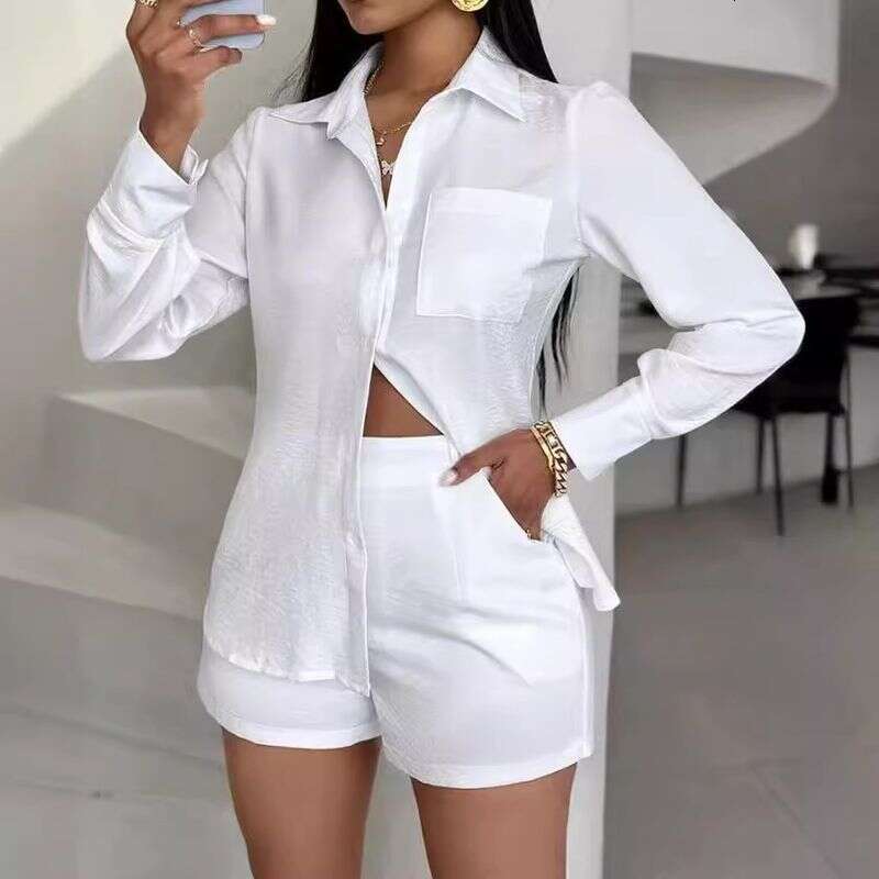 Women's Clothing Elegant Solid Color Pocket Long Sleeved Shirt + Shorts Suit Two Piece Set